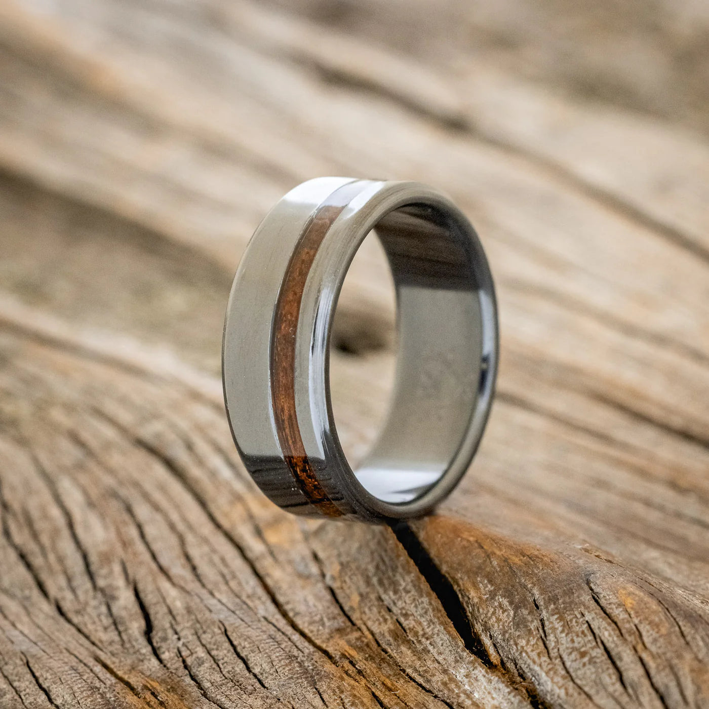 "VERTIGO" - OFFSET KOA WOOD WEDDING BAND - BLACK ZIRCONIUM - SIZE 6-Staghead Designs
