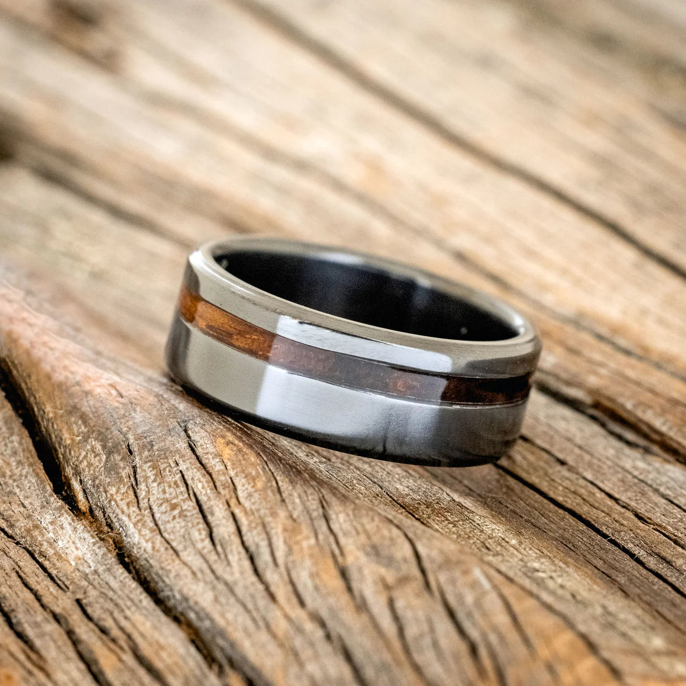 "VERTIGO" - OFFSET KOA WOOD WEDDING BAND - BLACK ZIRCONIUM - SIZE 6-Staghead Designs