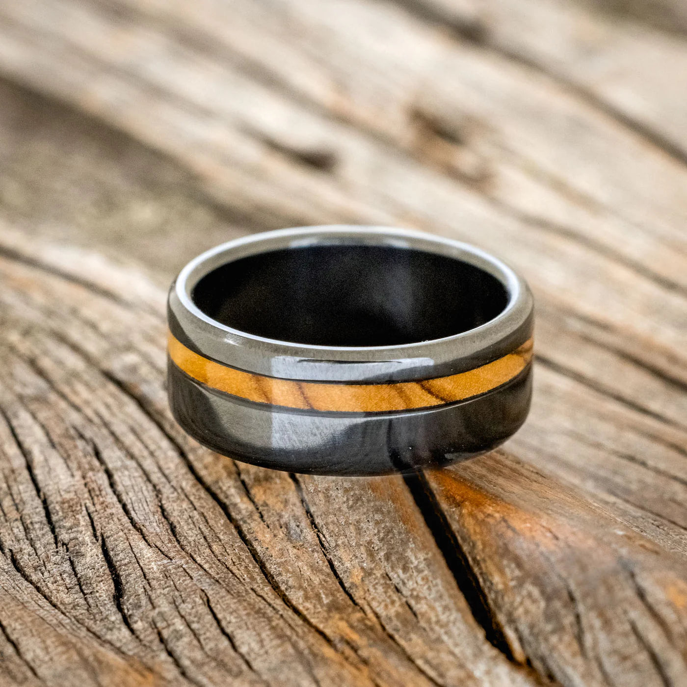 "VERTIGO" - BETHLEHEM OLIVE WOOD WEDDING BAND - BLACK ZIRCONIUM - SIZE 10 3/4-Staghead Designs