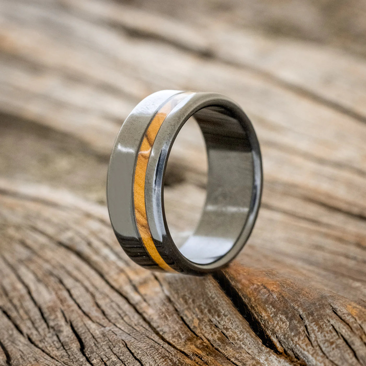 "VERTIGO" - BETHLEHEM OLIVE WOOD WEDDING BAND - BLACK ZIRCONIUM - SIZE 10 3/4-Staghead Designs