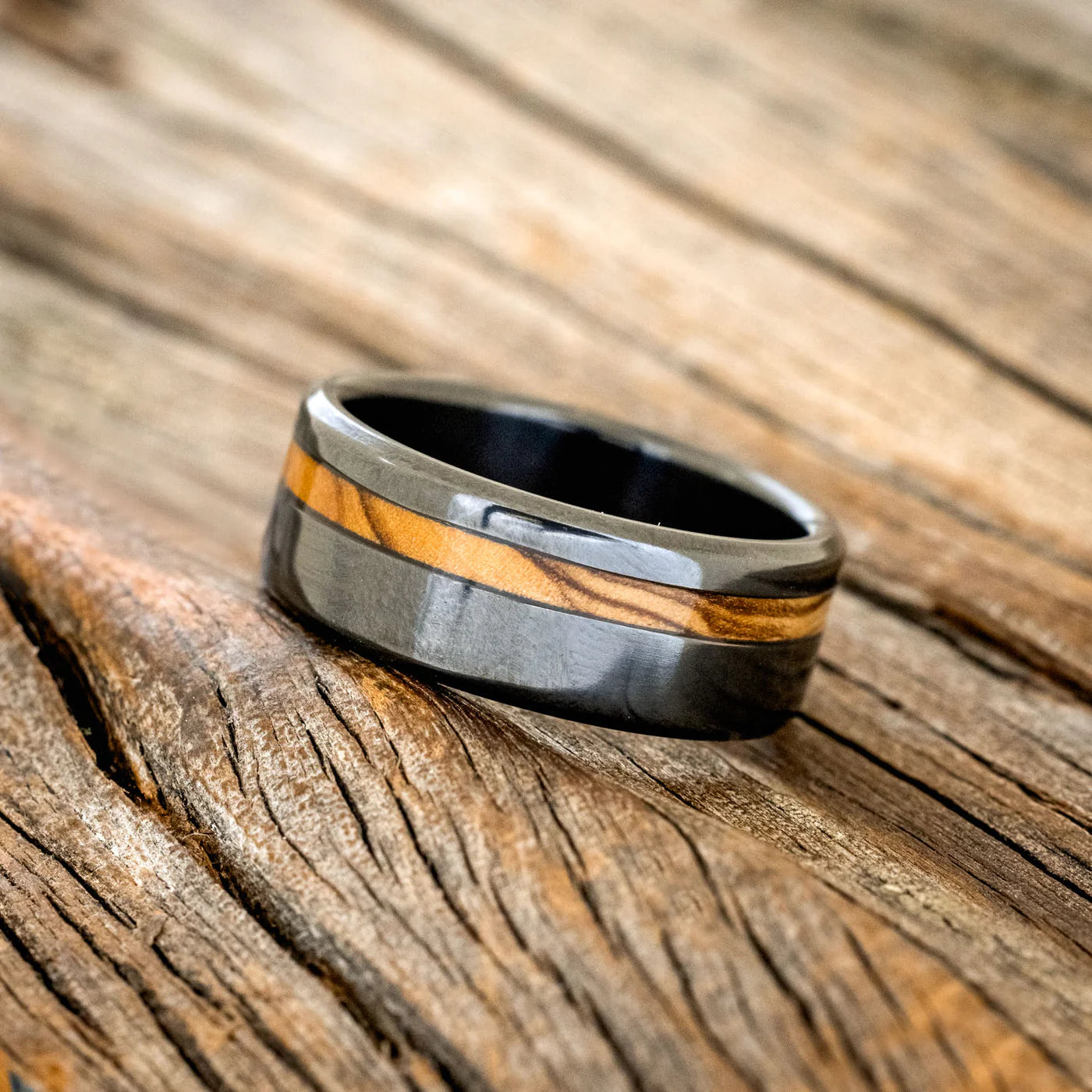 "VERTIGO" - BETHLEHEM OLIVE WOOD WEDDING BAND - BLACK ZIRCONIUM - SIZE 10 3/4-Staghead Designs