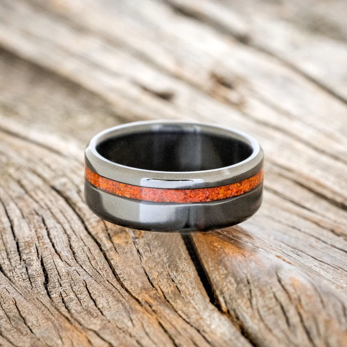 "VERTIGO" - BLACK ZIRCONIUM WEDDING BAND WITH RUBY RED OPAL INLAY - SIZE 10 3/4-2