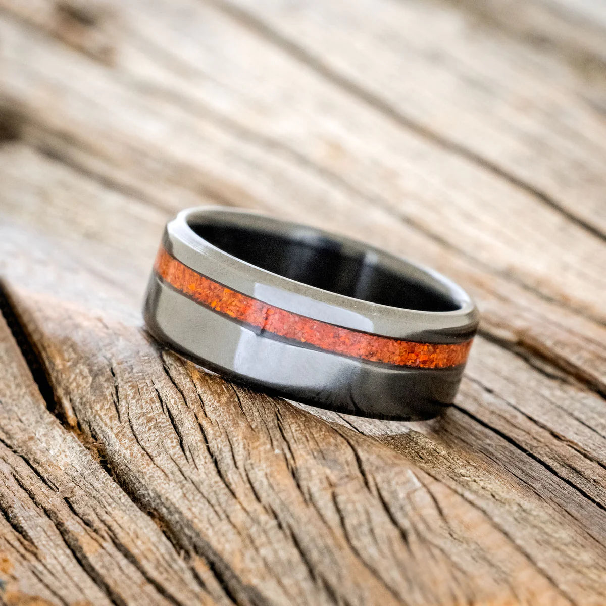 "VERTIGO" - BLACK ZIRCONIUM WEDDING BAND WITH RUBY RED OPAL INLAY - SIZE 10 3/4-3