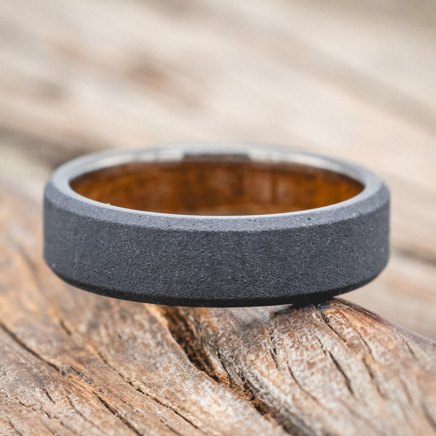 WHISKEY BARREL CHANNEL LINED RING WITH SANDBLASTED FINISH-Staghead Designs