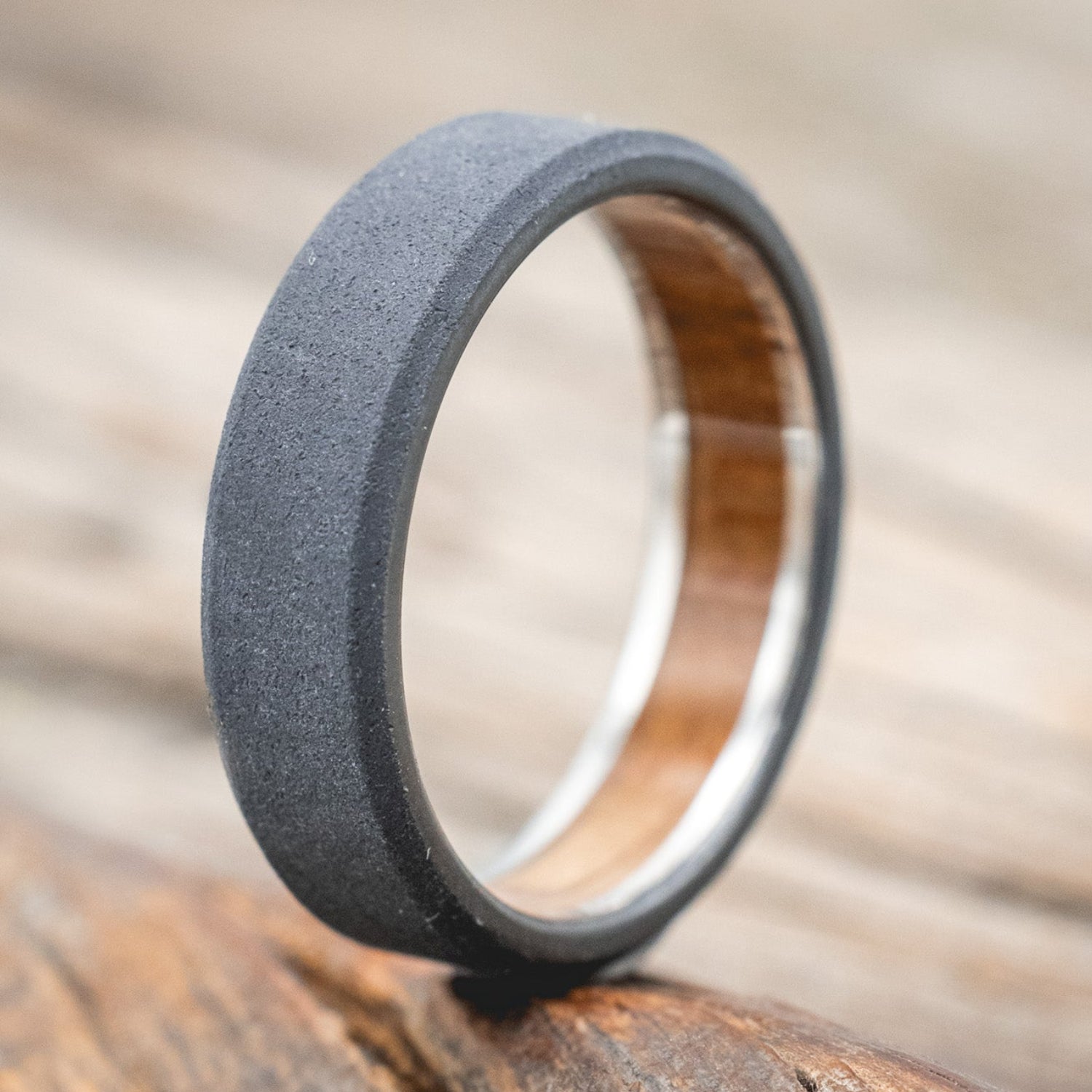 WHISKEY BARREL CHANNEL LINED RING WITH SANDBLASTED FINISH-Staghead Designs