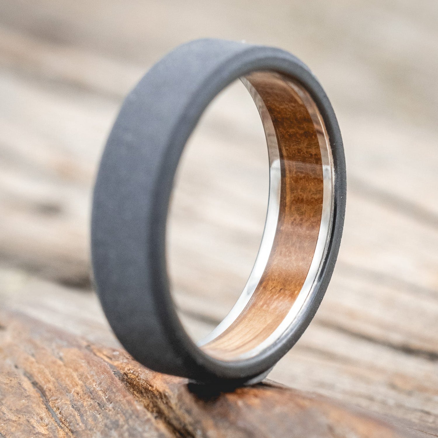WHISKEY BARREL CHANNEL LINED RING WITH SANDBLASTED FINISH-Staghead Designs