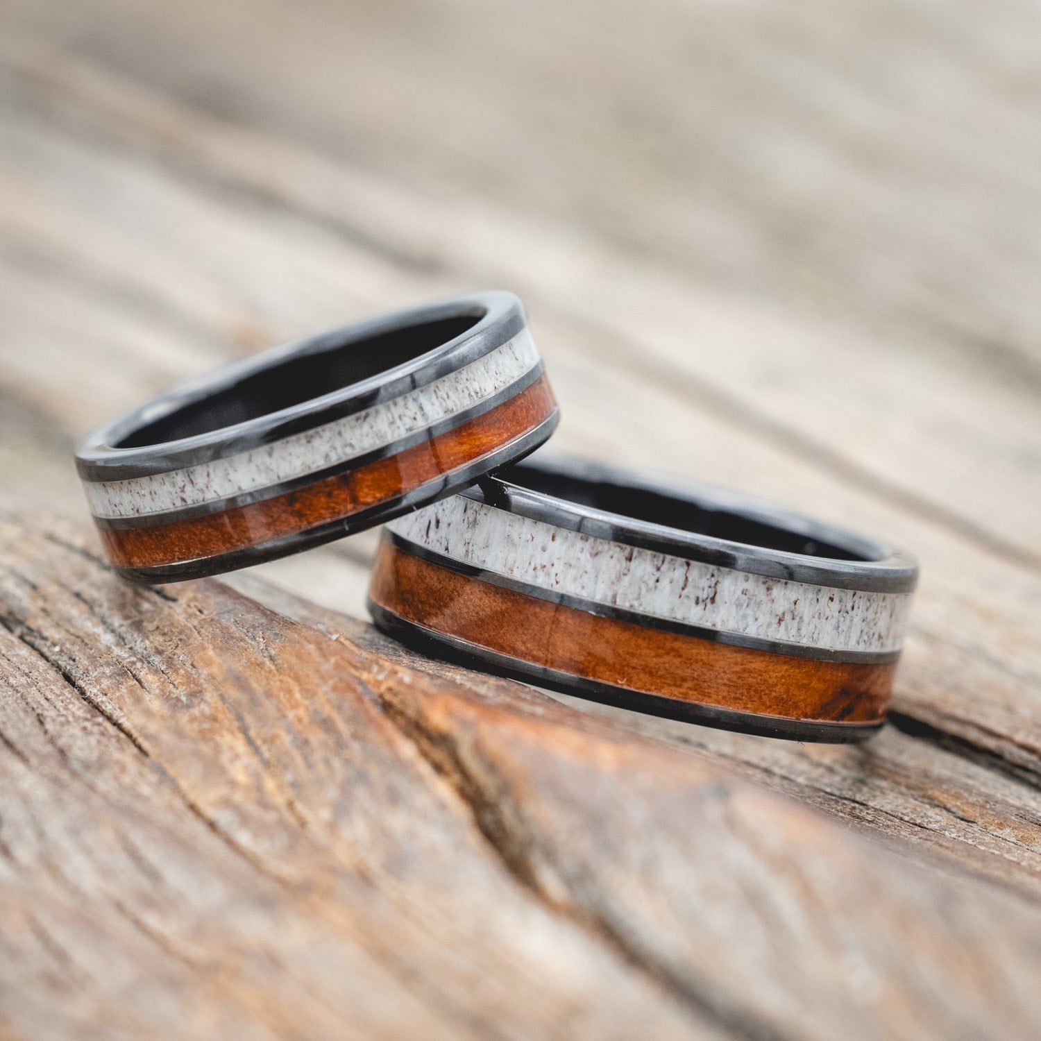 "DYAD" - MATCHING SET OF ANTLER & REDWOOD WEDDING BANDS-Staghead Designs
