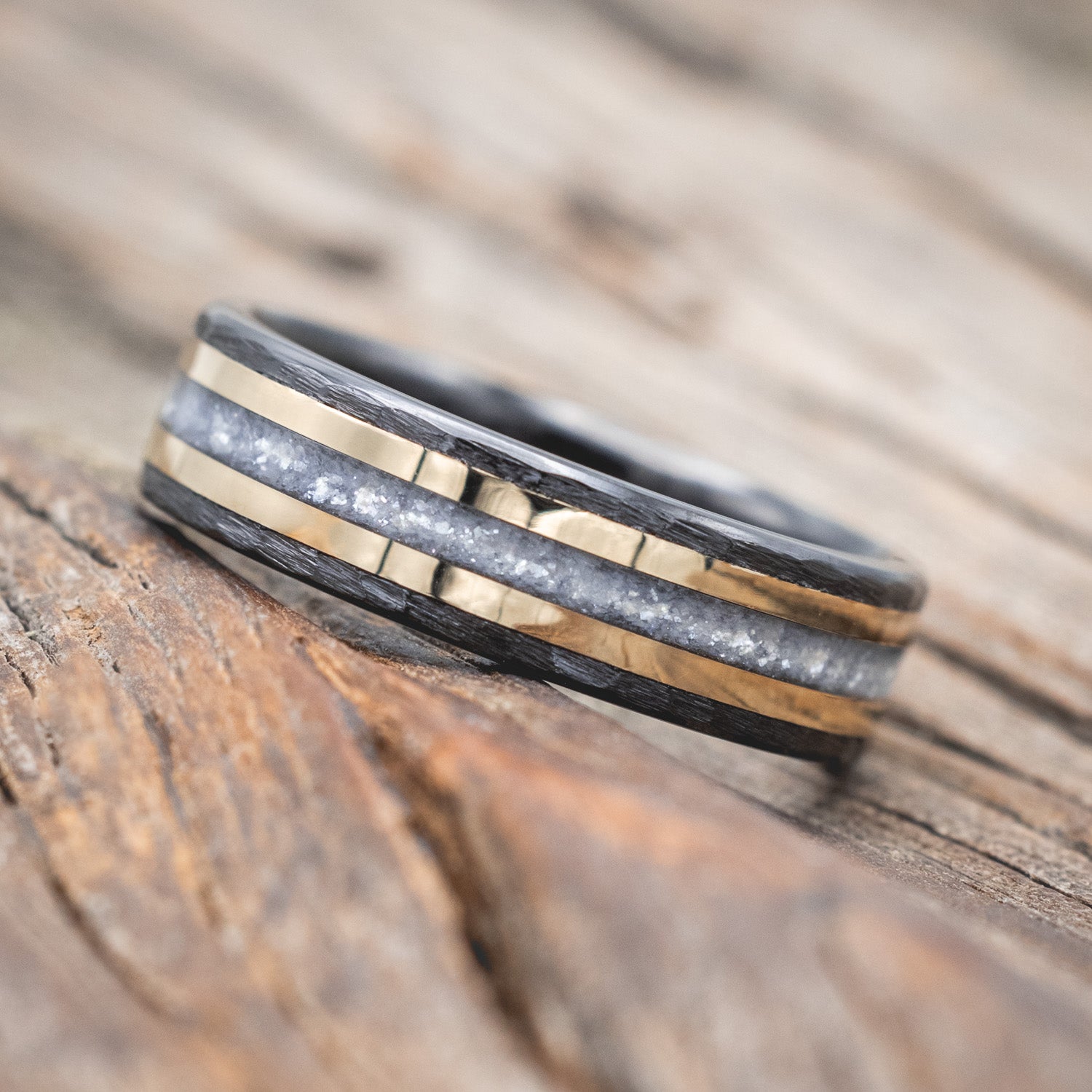 "HOLLIS" - DIAMOND DUST & 14K YELLOW GOLD INLAYS WEDDING RING WITH A HAMMERED FINISH-Staghead Designs