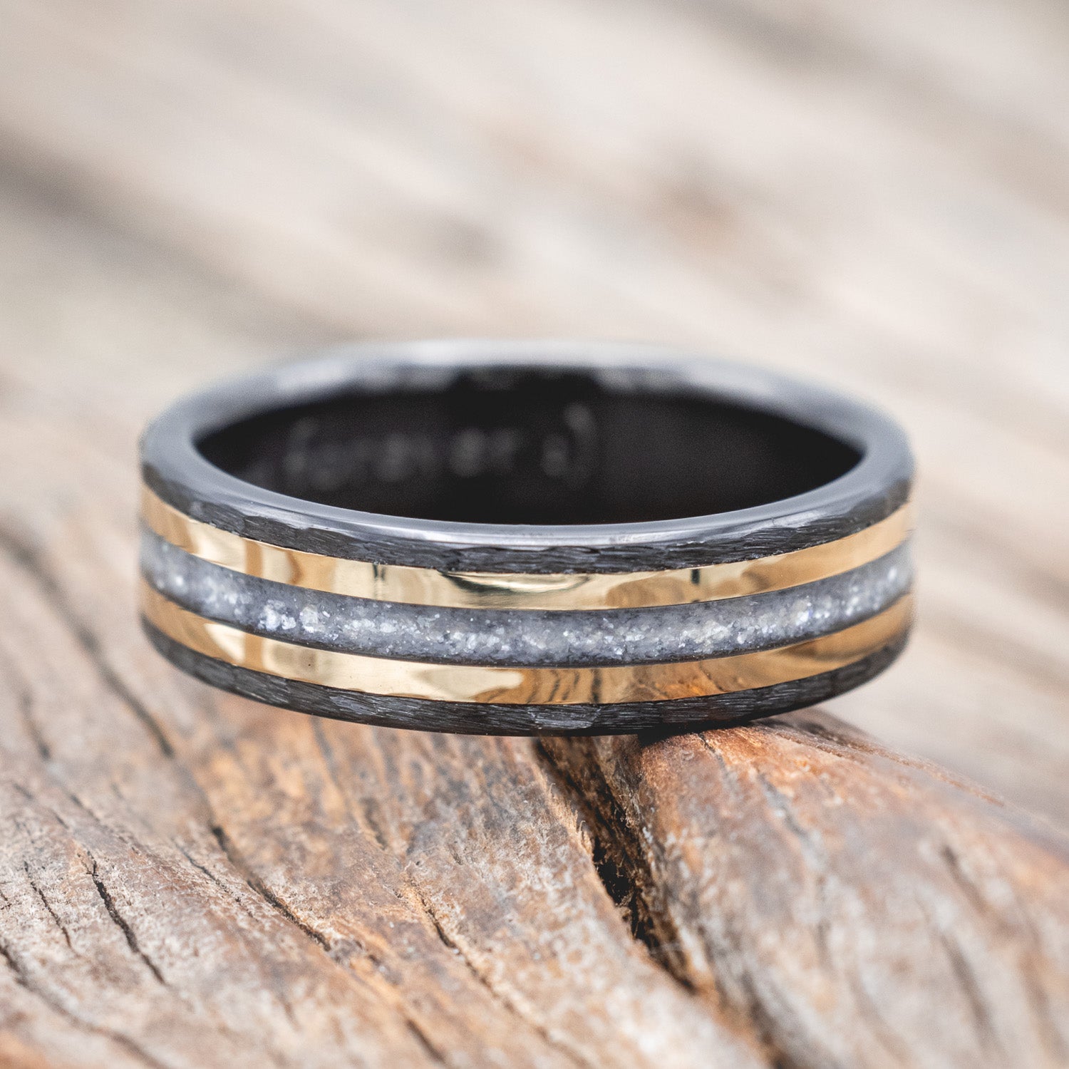 "HOLLIS" - DIAMOND DUST & 14K YELLOW GOLD INLAYS WEDDING RING WITH A HAMMERED FINISH-Staghead Designs