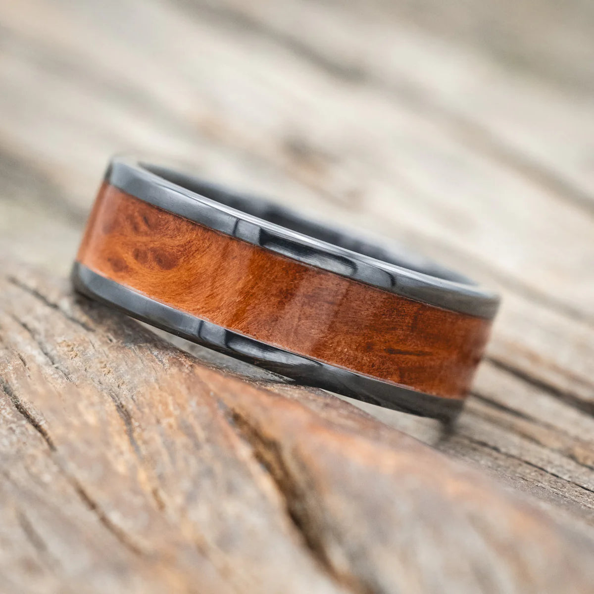 "Kalder" - Redwood Wedding Ring - Black Zirconium (8mm) - Size 9 1/2
