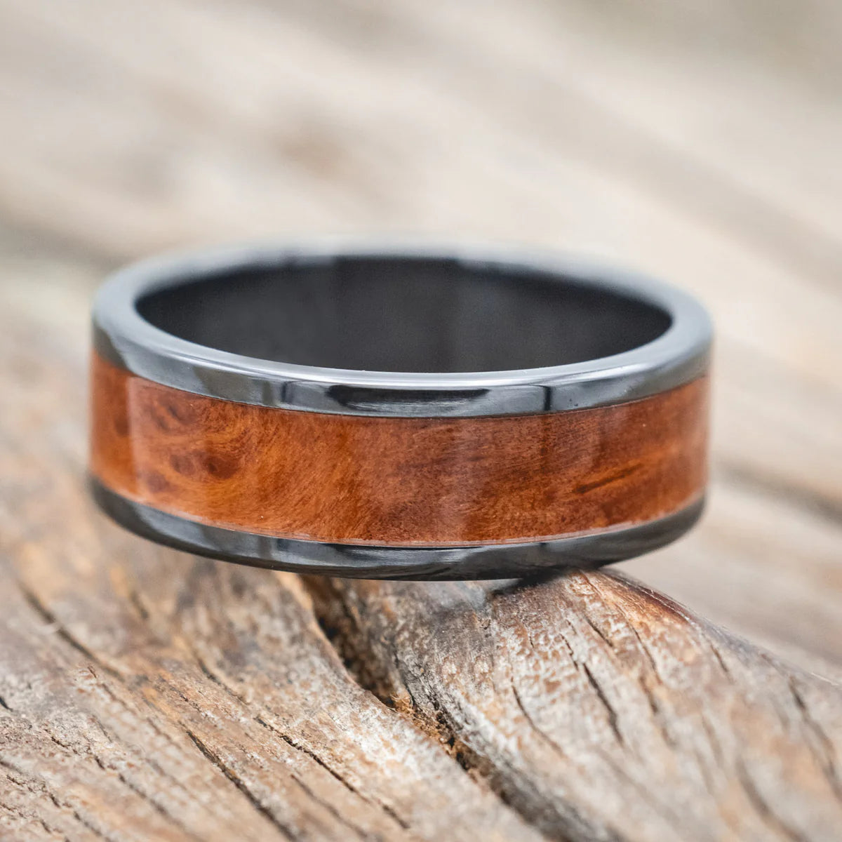 "Kalder" - Redwood Wedding Ring - Black Zirconium (8mm) - Size 9 1/2