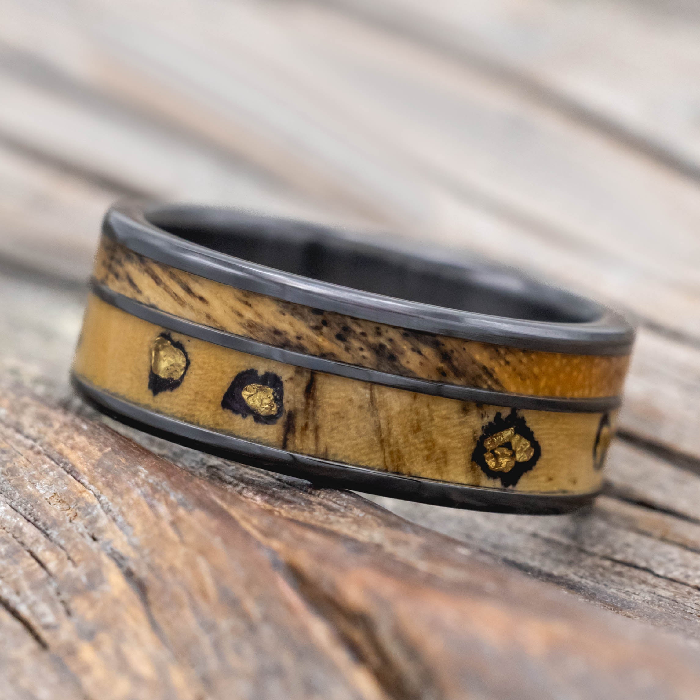 "RAPTOR" - ALASKAN PANNED GOLD NUGGETS SET IN BUCKEYE BURL & SPALTED MAPLE WOOD WEDDING RING-Staghead Designs