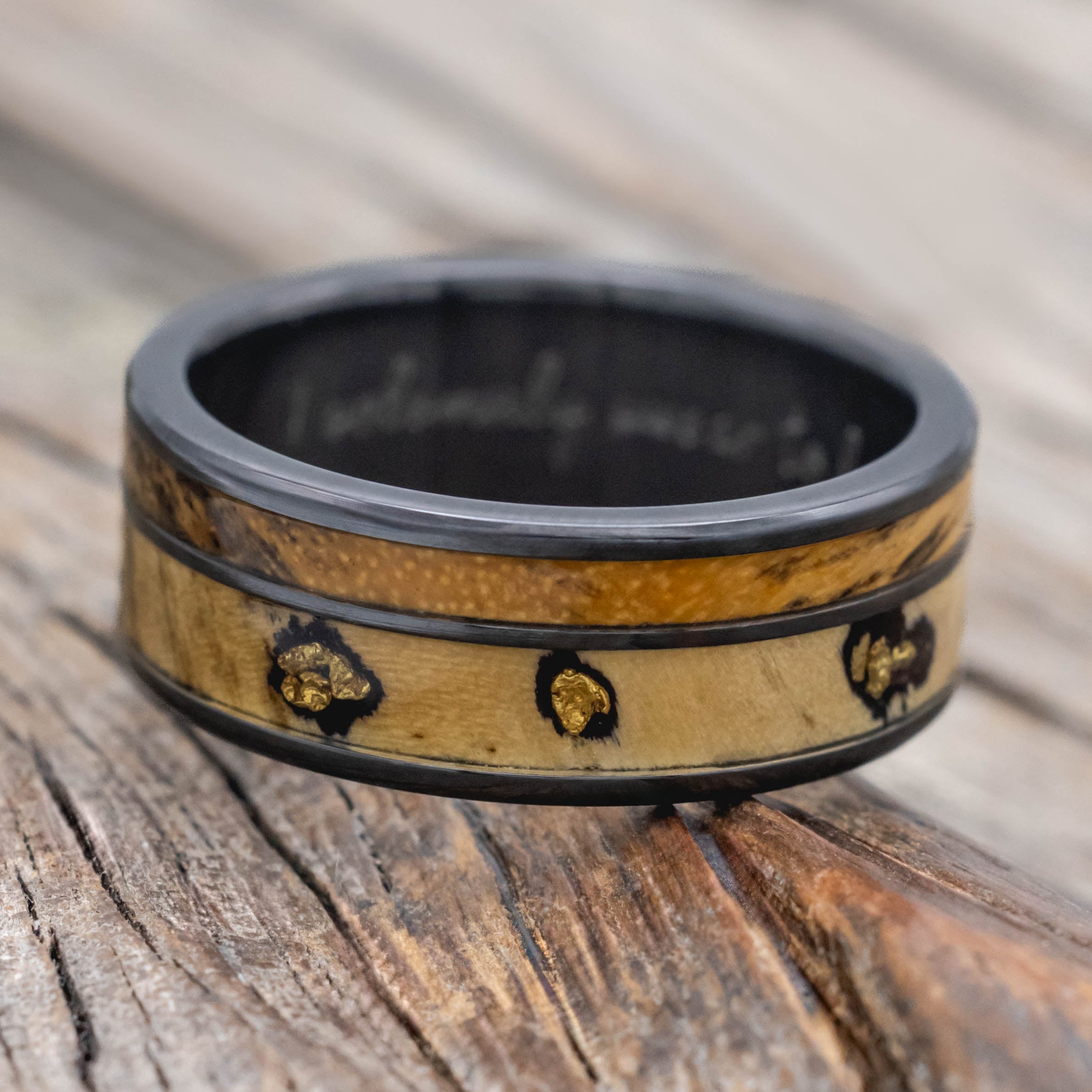 "RAPTOR" - ALASKAN PANNED GOLD NUGGETS SET IN BUCKEYE BURL & SPALTED MAPLE WOOD WEDDING RING-Staghead Designs