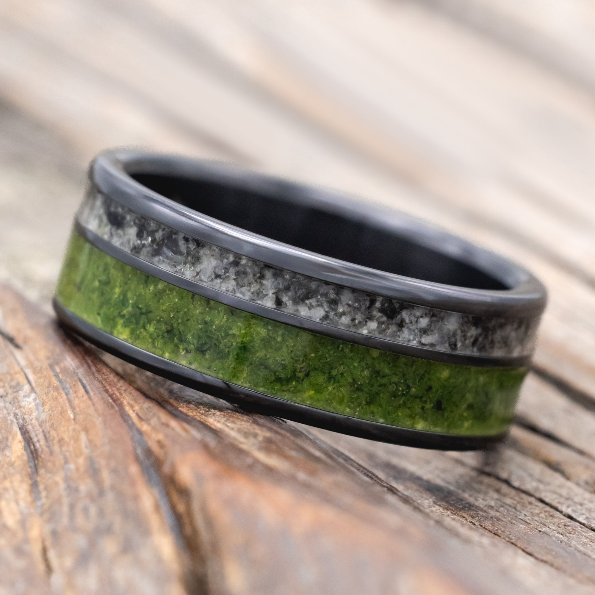 "RAPTOR" - MOSS WITH MOLDAVITE & MOONSTONE MIX WEDDING BAND-Staghead Designs