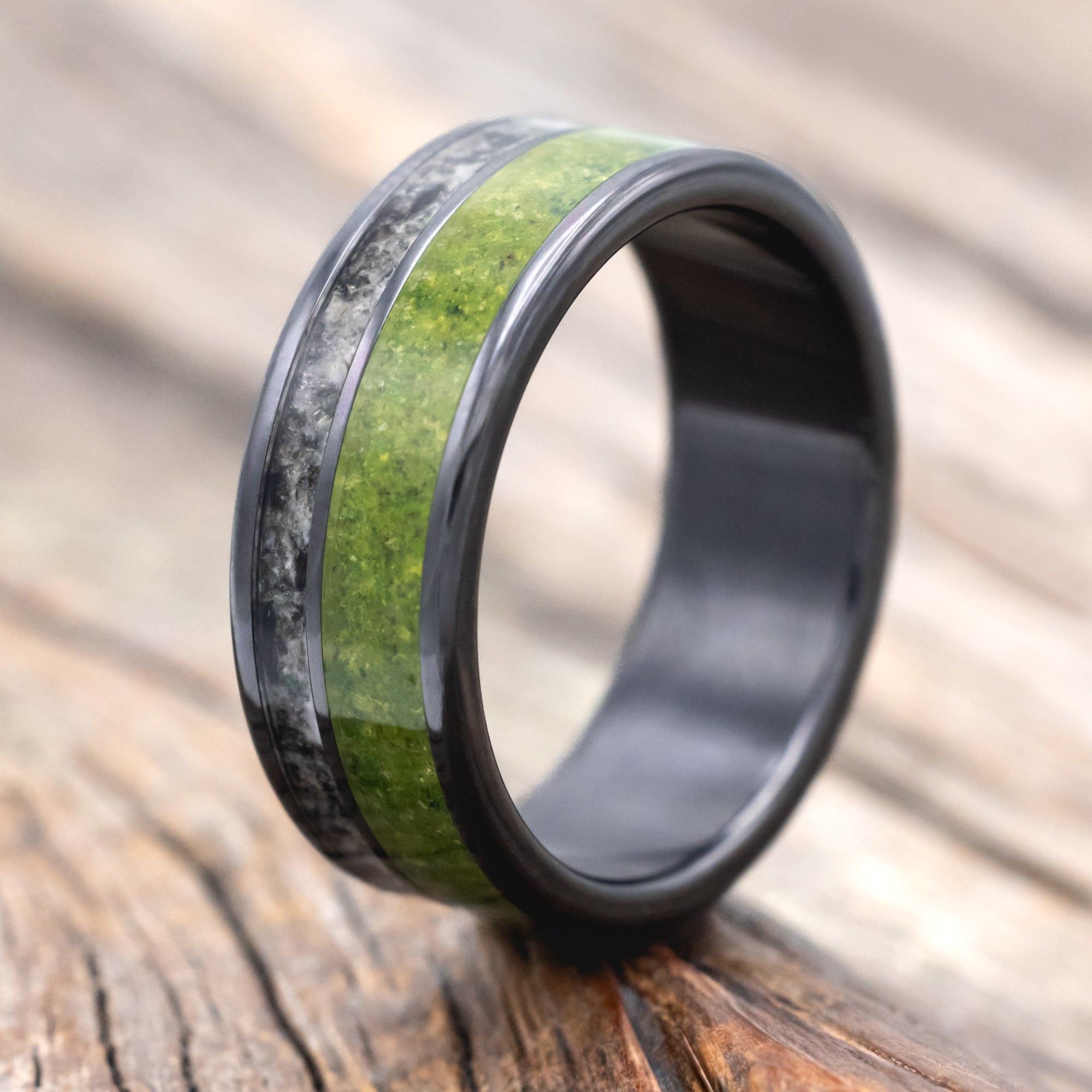 "RAPTOR" - MOSS WITH MOLDAVITE & MOONSTONE MIX WEDDING BAND-Staghead Designs