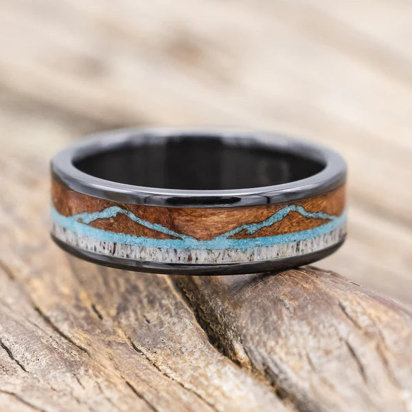 "The Expedition" - Mountain Engraved Wedding Ring With Redwood, Turquoise & Antler - Black Zirconium (6mm) - Size 8 1/2-Staghead Designs