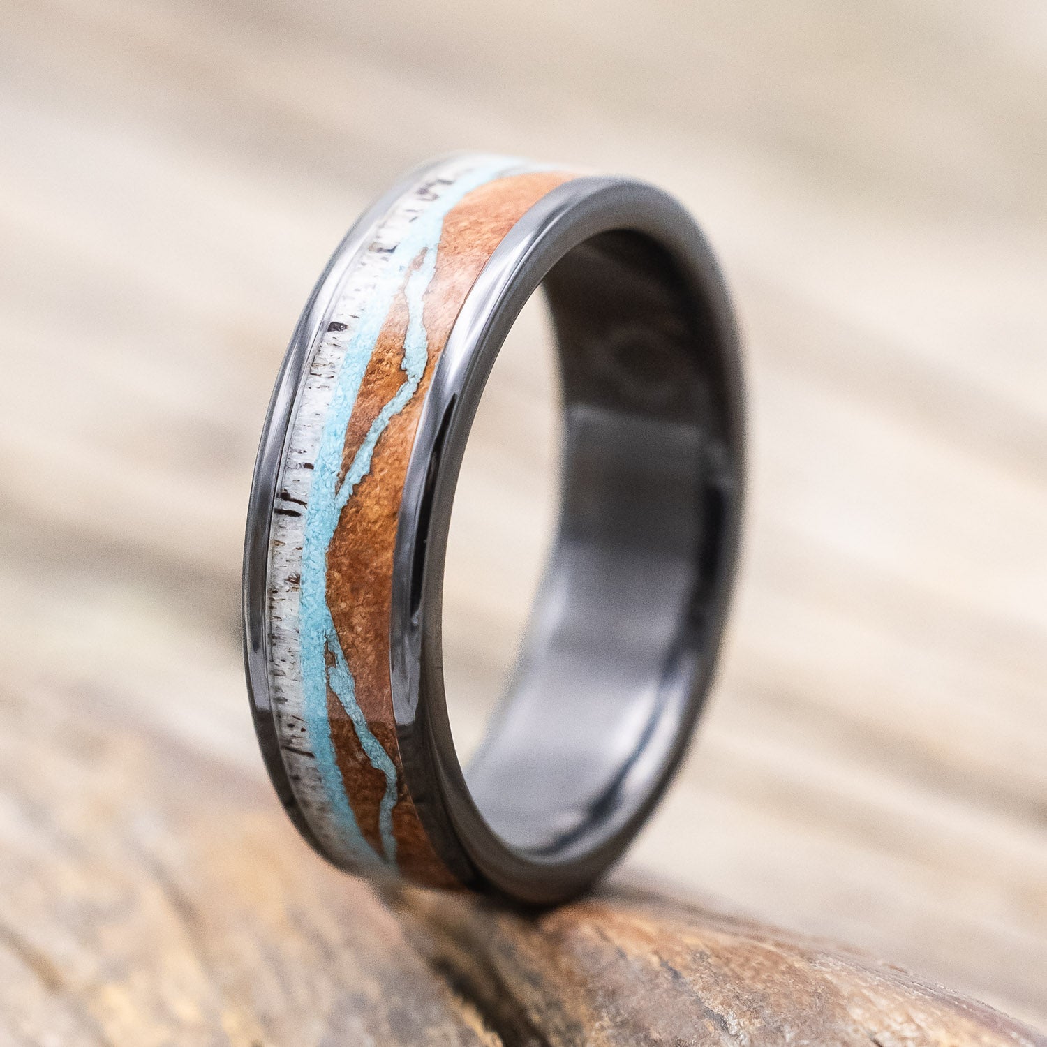 "THE EXPEDITION" - MOUNTAIN ENGRAVED WEDDING RING WITH REDWOOD, TURQUOISE & ANTLER-Staghead Designs