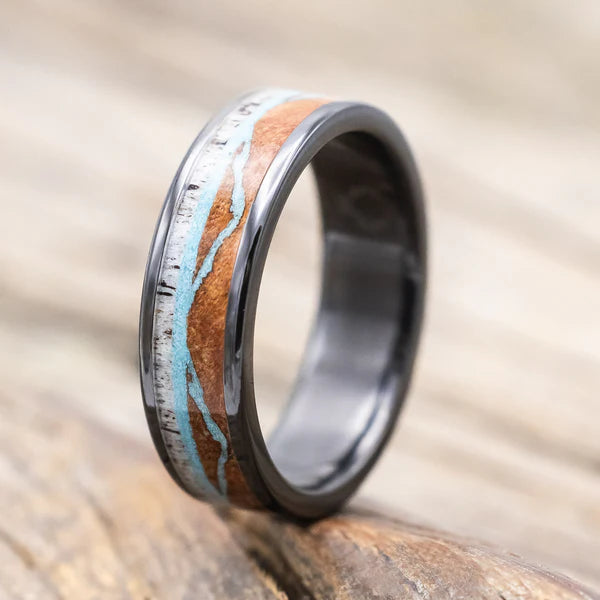 "The Expedition" - Mountain Engraved Wedding Ring With Redwood, Turquoise & Antler - Black Zirconium (6mm) - Size 8 1/2-Staghead Designs
