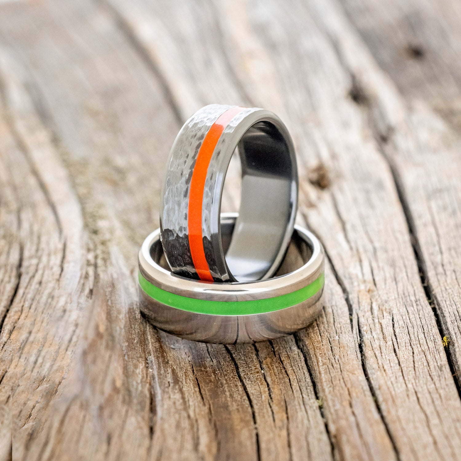 "VERTIGO" - RED GLOW IN THE DARK INLAY WEDDING BAND WITH A HAMMERED FINISH-7