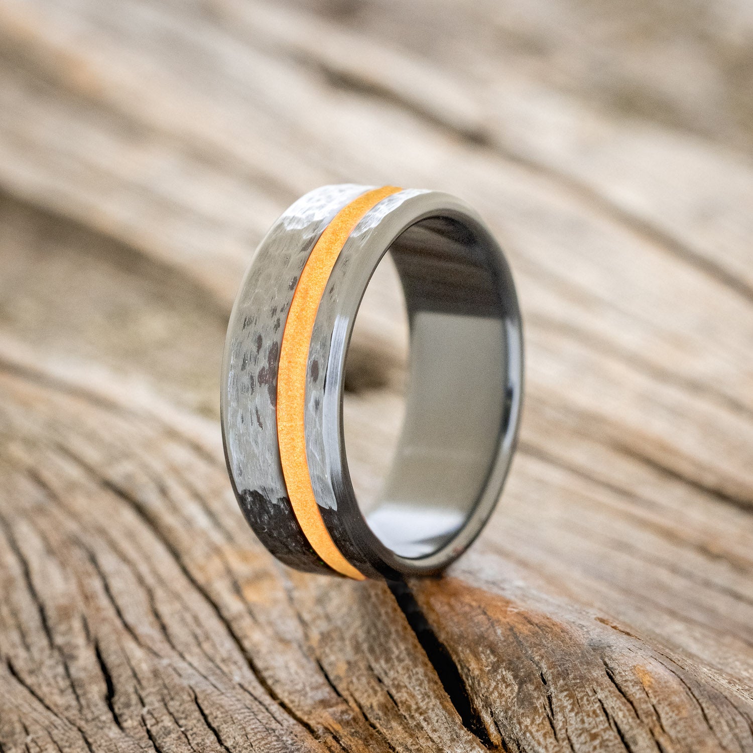 "VERTIGO" - RED GLOW IN THE DARK INLAY WEDDING BAND WITH A HAMMERED FINISH-4