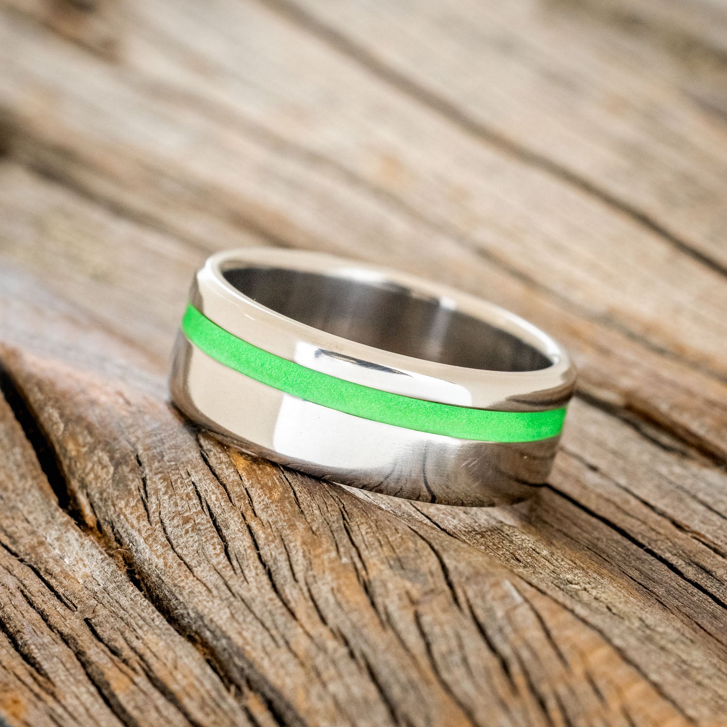"VERTIGO" - GREEN GLOW IN THE DARK INLAY WEDDING BAND-5
