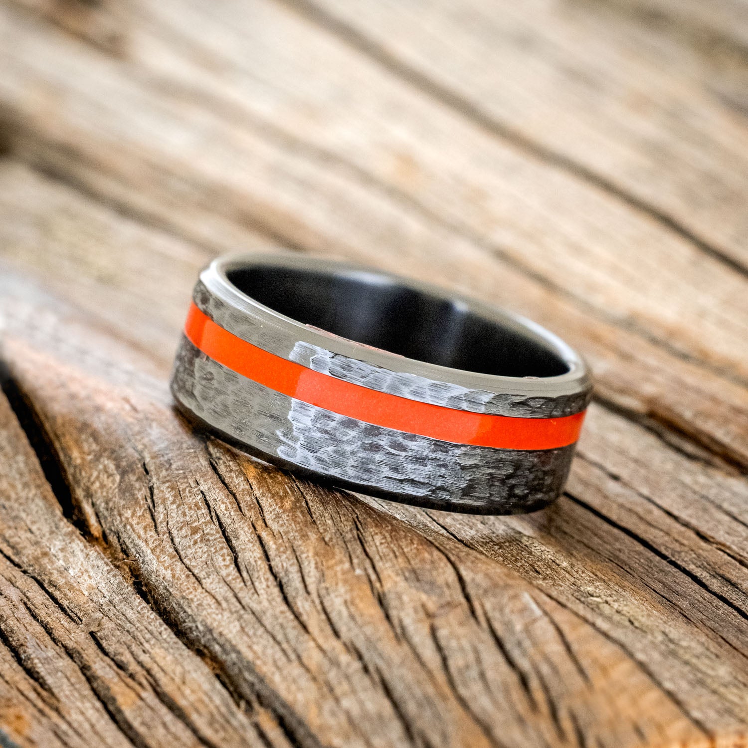 "VERTIGO" - RED GLOW IN THE DARK INLAY WEDDING BAND WITH A HAMMERED FINISH-2