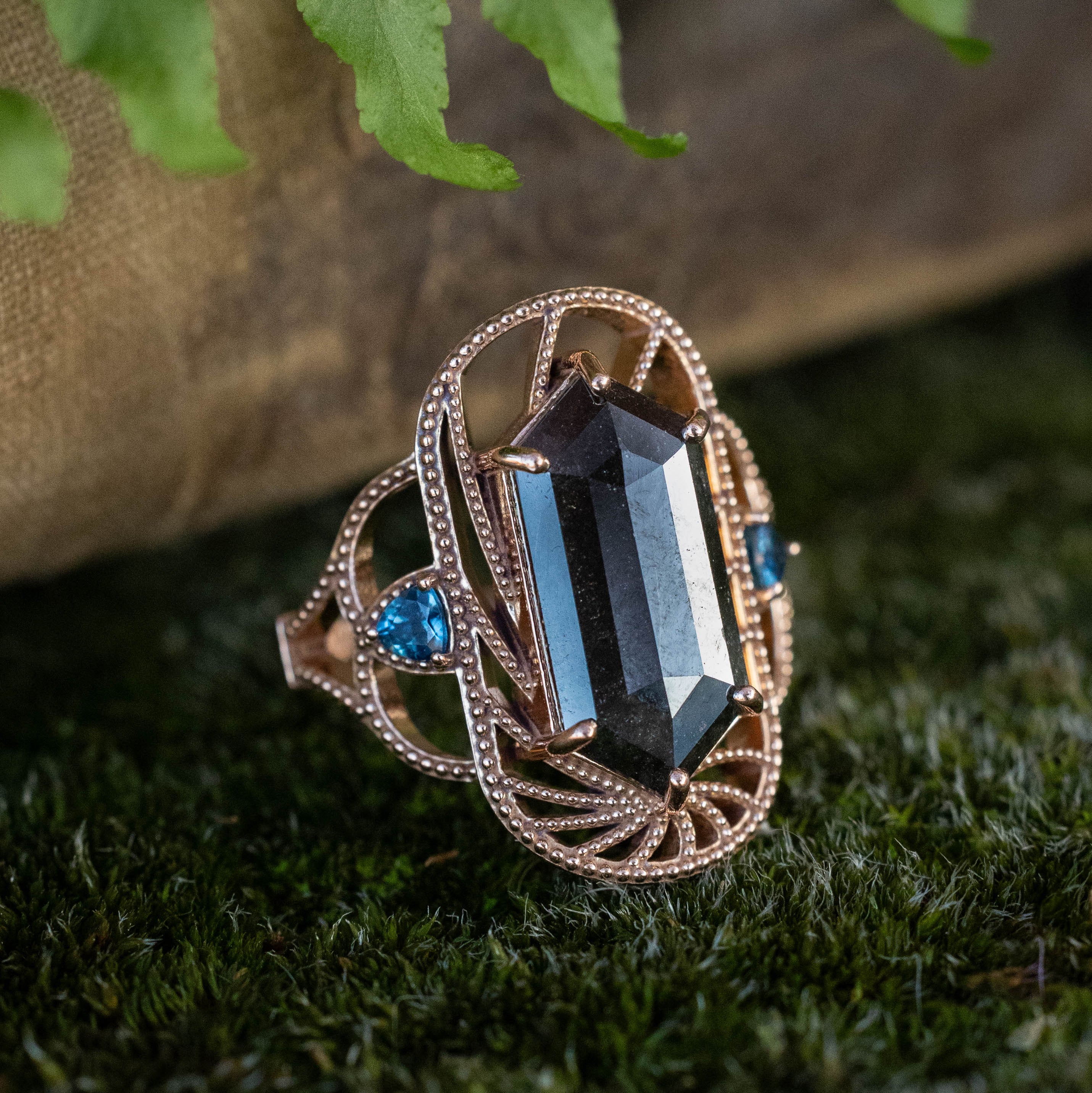 ONE-OF-A-KIND - ELONGATED HEXAGON ROSE CUT SALT & PEPPER DIAMOND ENGAGEMENT RING WITH AUSTRALIAN SAPPHIRE ACCENTS-Staghead Designs