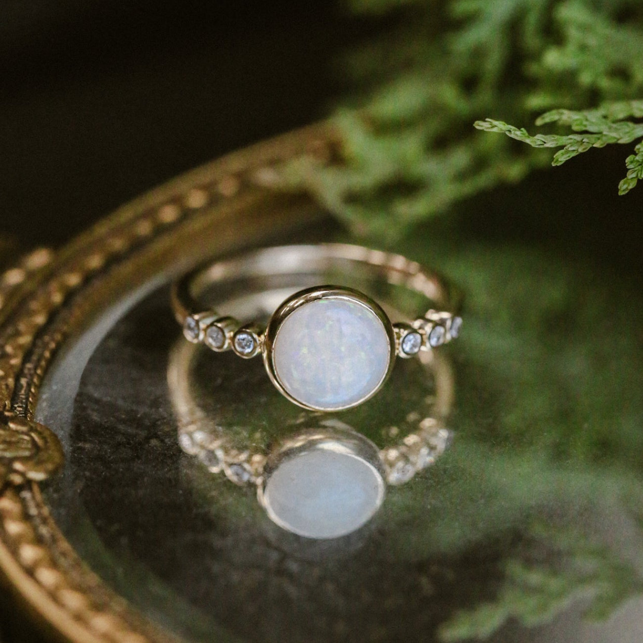 "Alouette" - Round Cabochon Cut Opal Engagement Ring With Diamond Accents - 14K White Gold - Size 6 1/4-Staghead Designs