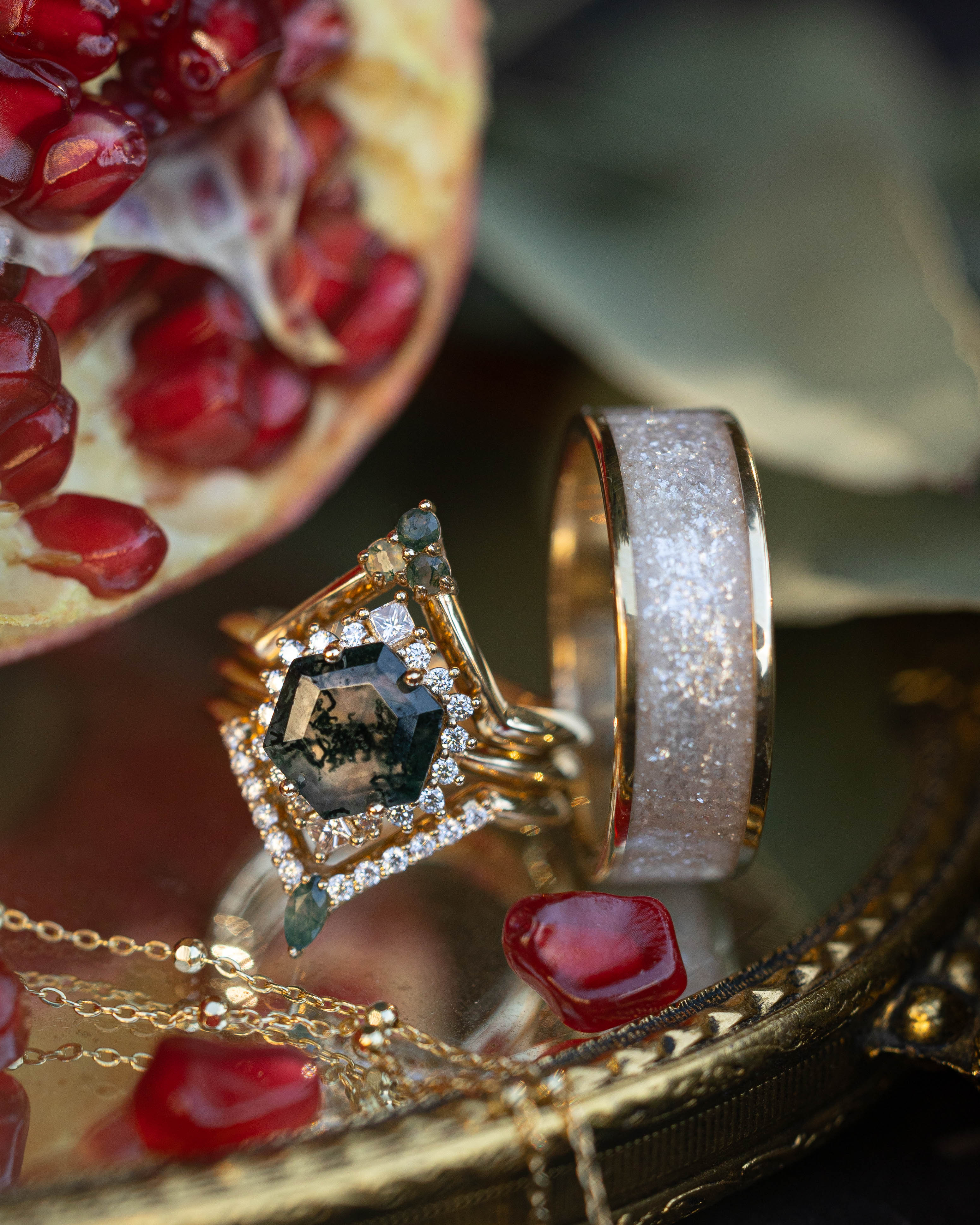 "NEREZZA" - BRIDAL SUITE - HEXAGON CUT MOSS AGATE ENGAGEMENT RING WITH DIAMOND ACCENTS & TRACERS-Staghead Designs