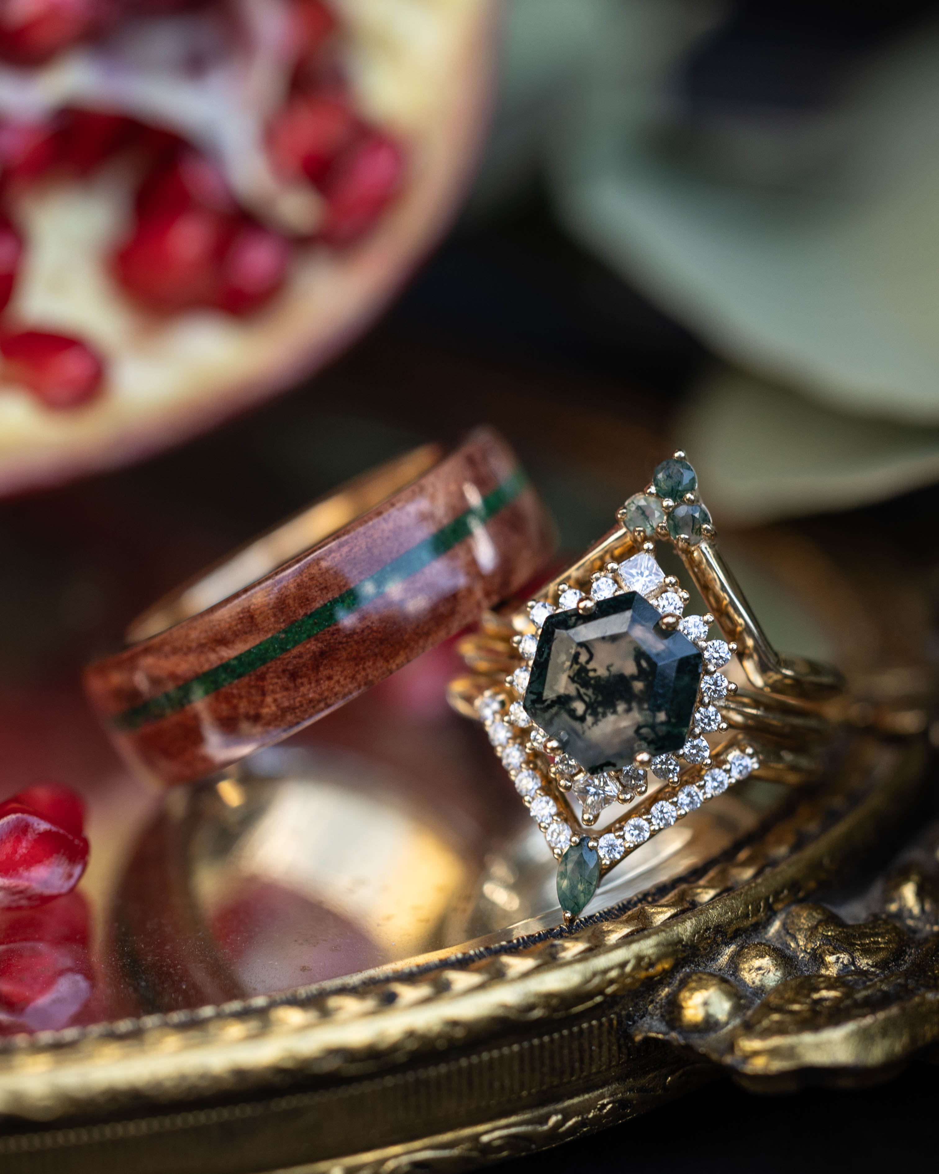 "NEREZZA" - BRIDAL SUITE - HEXAGON CUT MOSS AGATE ENGAGEMENT RING WITH DIAMOND ACCENTS & TRACERS-Staghead Designs