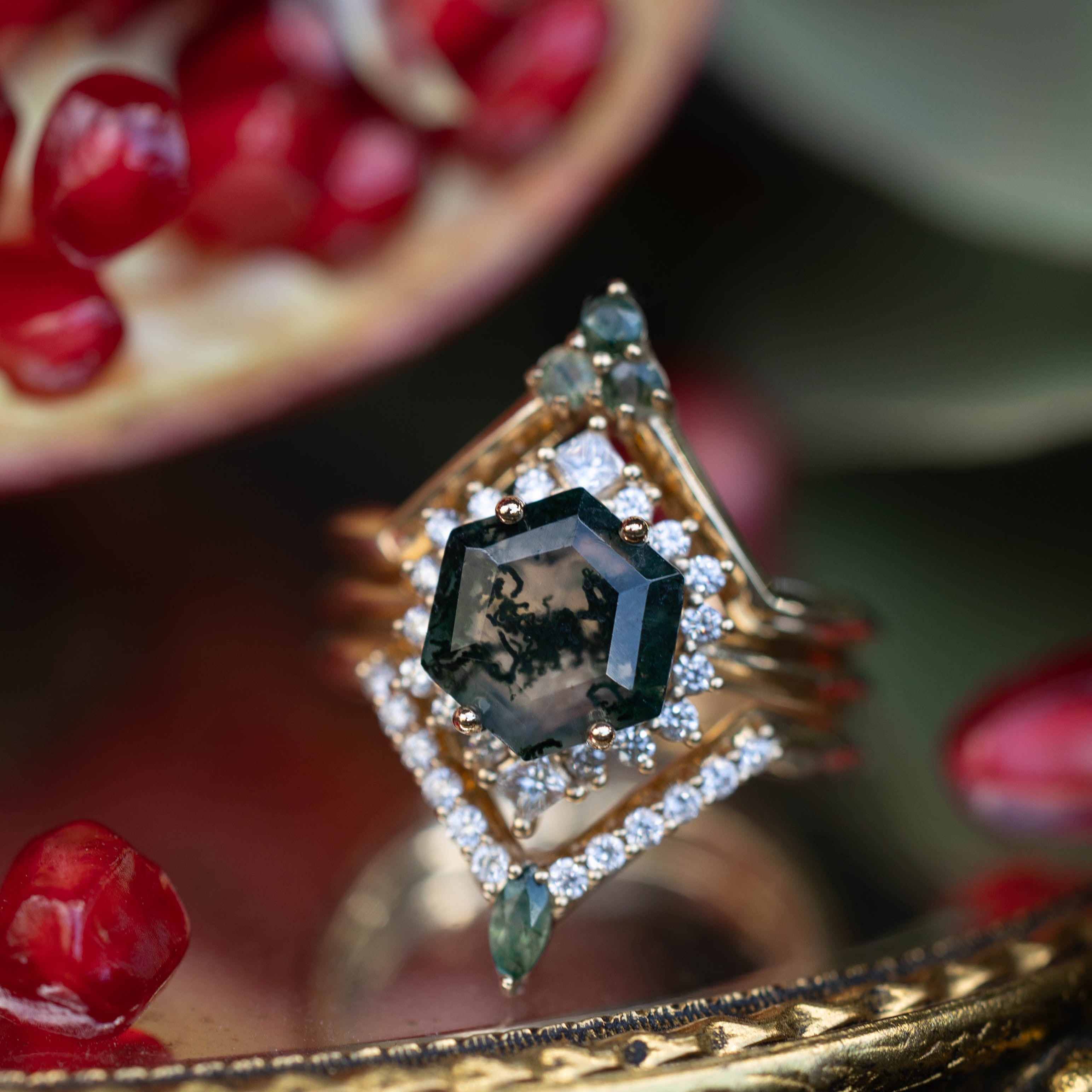 "NEREZZA" - BRIDAL SUITE - HEXAGON CUT MOSS AGATE ENGAGEMENT RING WITH DIAMOND ACCENTS & TRACERS-Staghead Designs