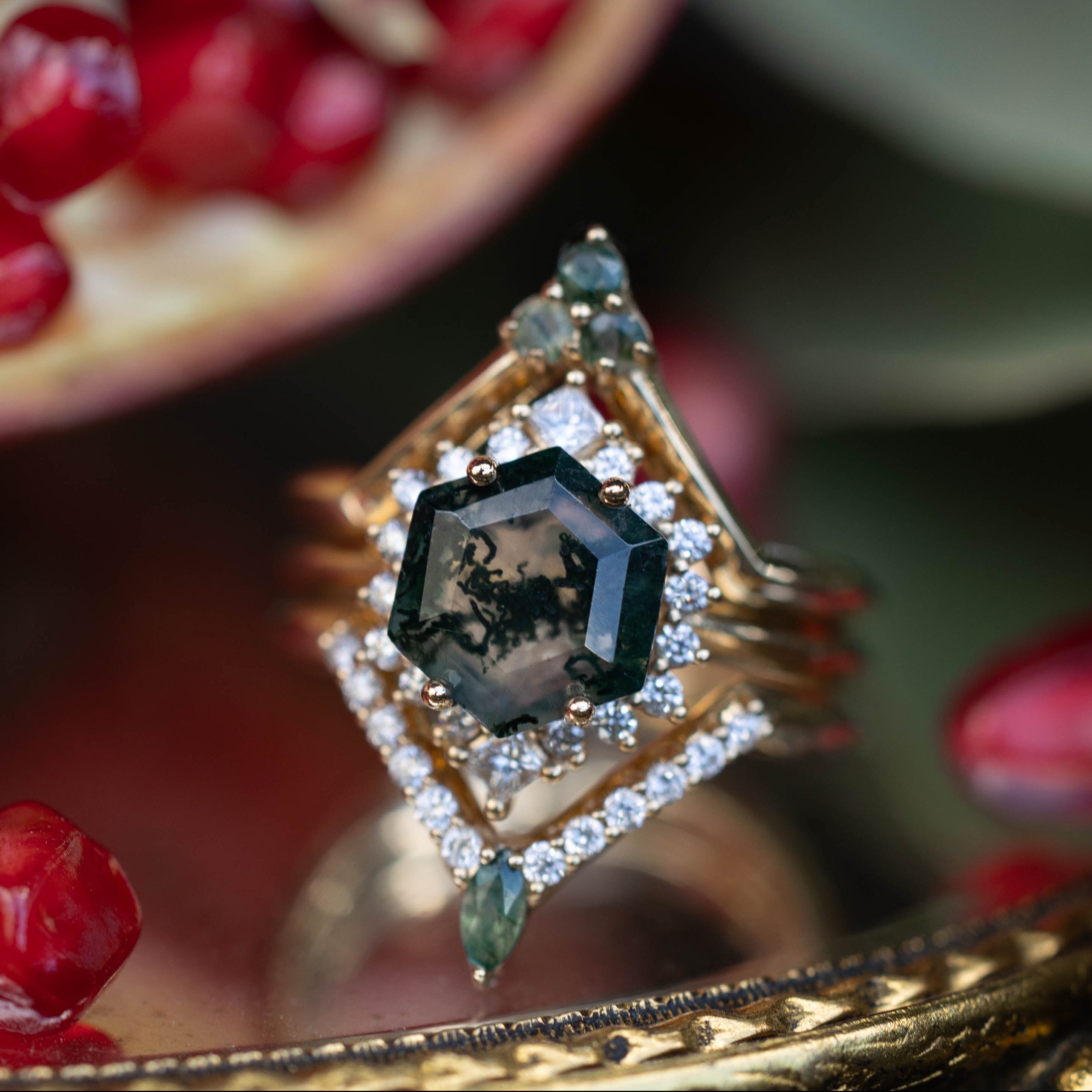 "NEREZZA" - BRIDAL SUITE - HEXAGON CUT MOSS AGATE ENGAGEMENT RING WITH DIAMOND ACCENTS & TRACERS-Staghead Designs