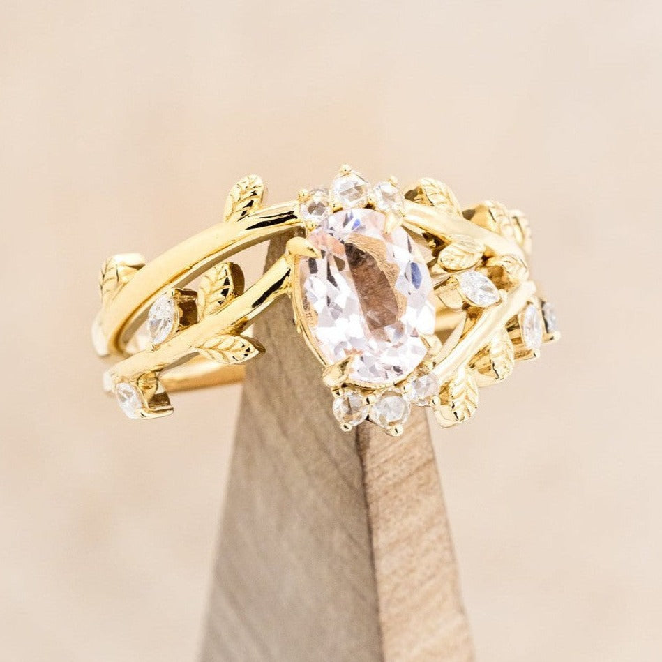 "CAELUM" - VINE STYLE OVAL MORGANITE ENGAGEMENT RING SET WITH LEAF & DIAMOND ACCENTS-1