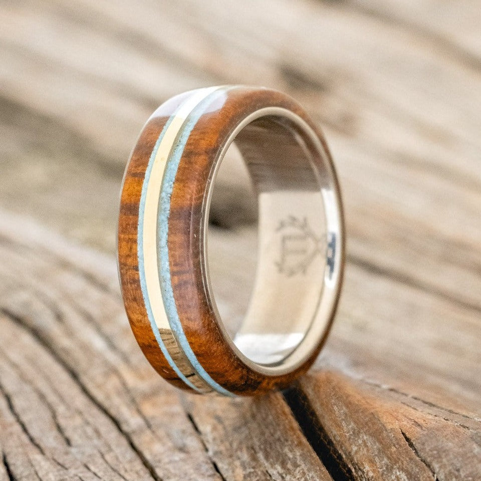 "CANYON" - IRONWOOD, TURQUOISE & 14K GOLD INLAY WEDDING BAND-1