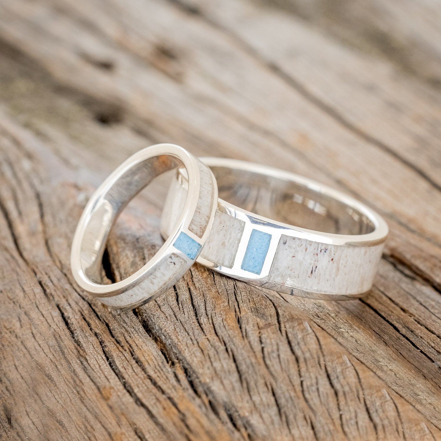 "CASPIAN" - MATCHING SET OF ANTLER & TURQUOISE WEDDING BANDS-1