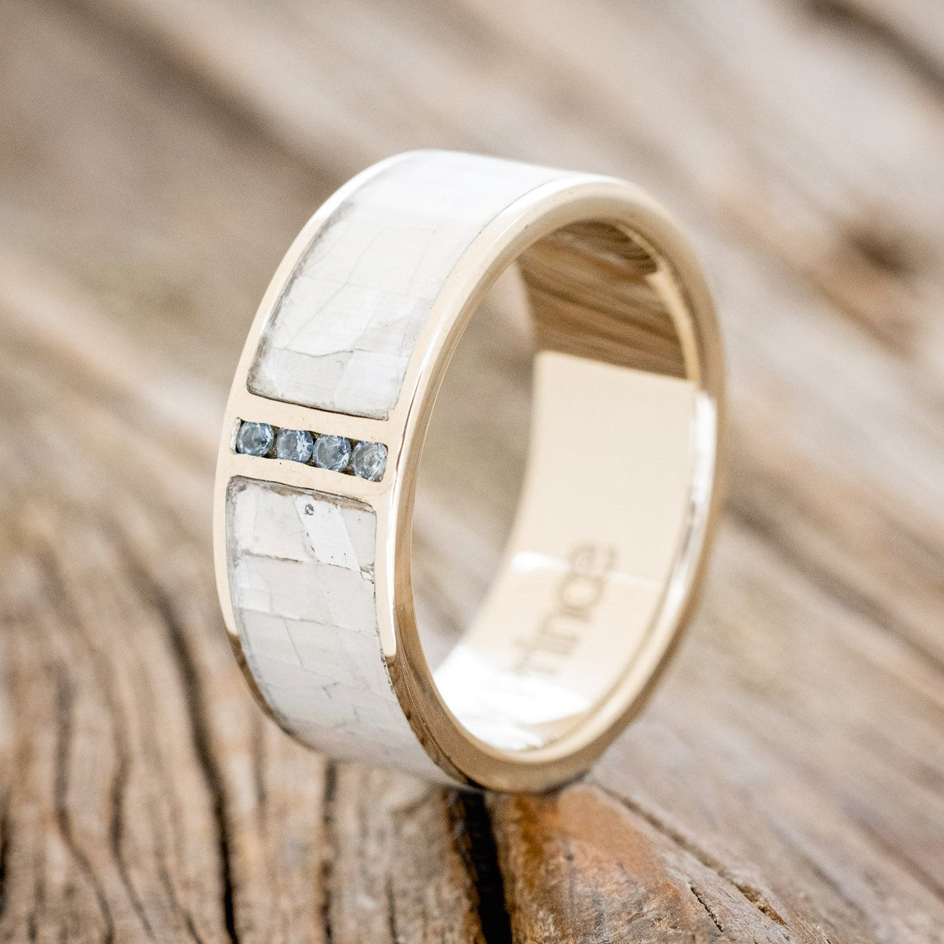 "CASPIAN" - AQUAMARINE ACCENTED WEDDING RING WITH A SINGLE INLAY-Staghead Designs