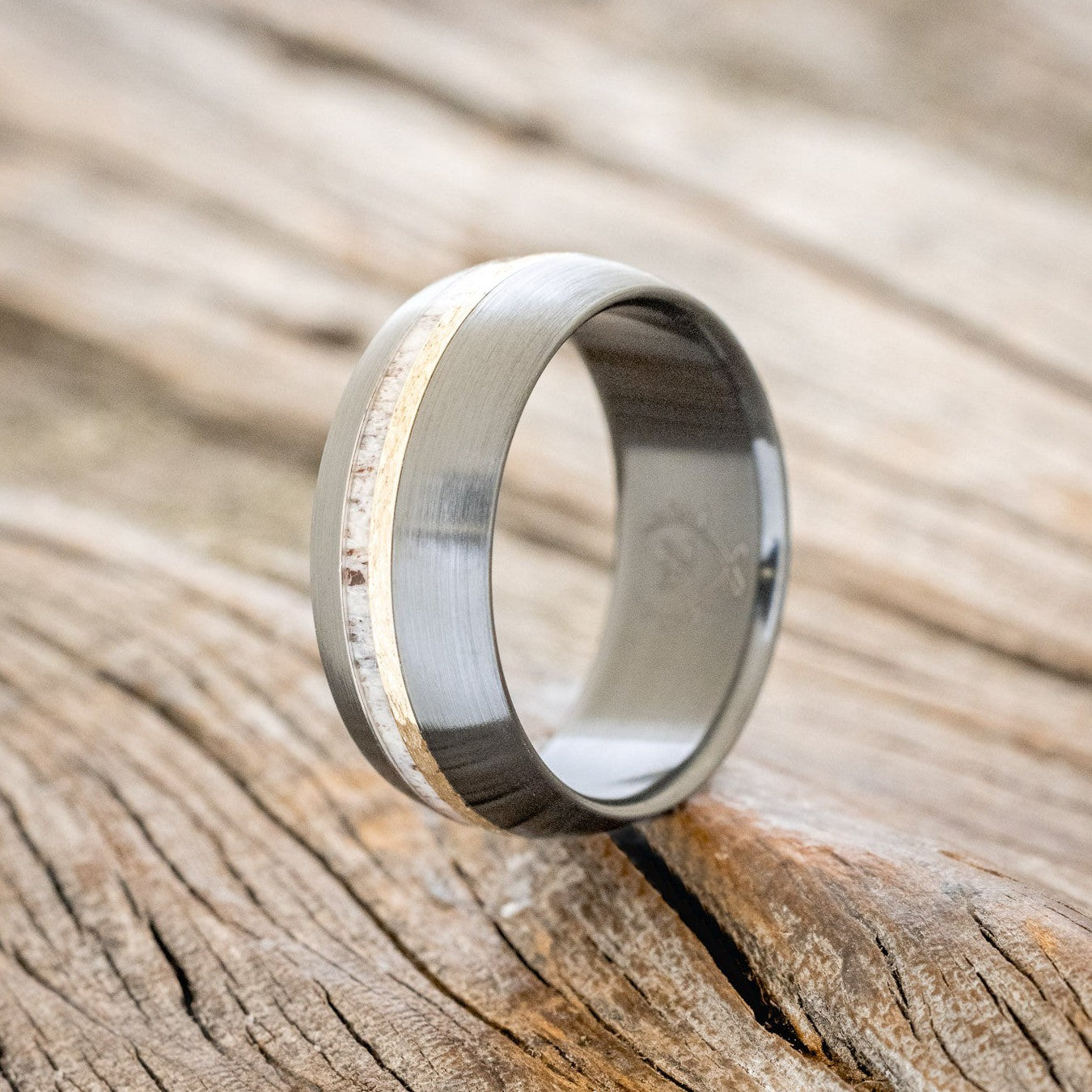 "CASTOR" - DOMED ANLTER & HAMMERED 14K GOLD INLAY WEDDING RING FEATURING A BRUSHED BLACK ZIRCONIUM BAND-1