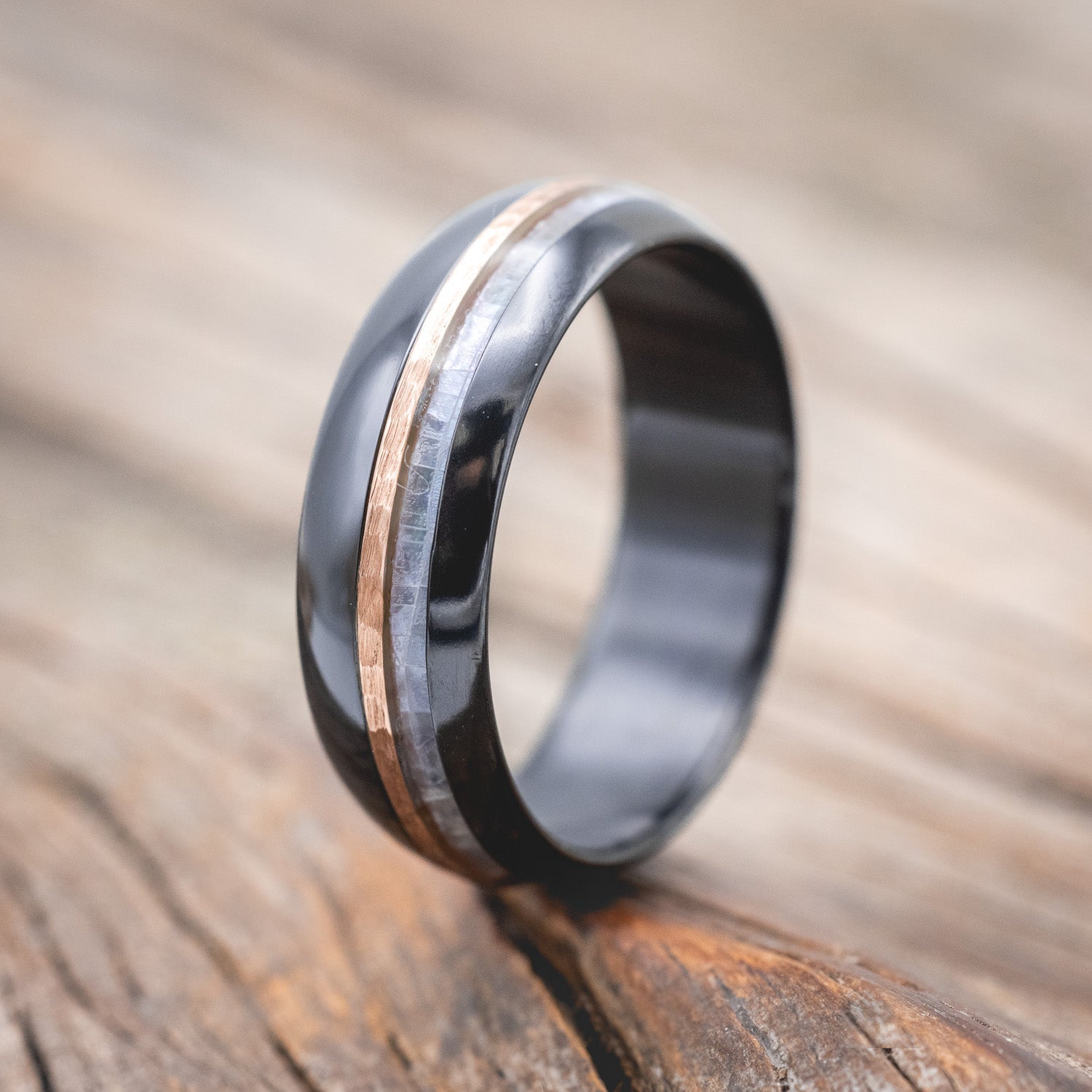 "CASTOR" - DOMED WEDDING BAND WITH MOTHER OF PEARL & A HAMMERED 14K GOLD INLAY-Staghead Designs