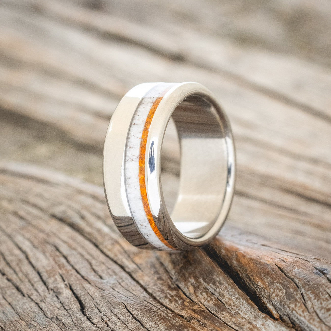 "CASTOR" - ELK ANTLER & ORANGE OPAL WEDDING RING-1