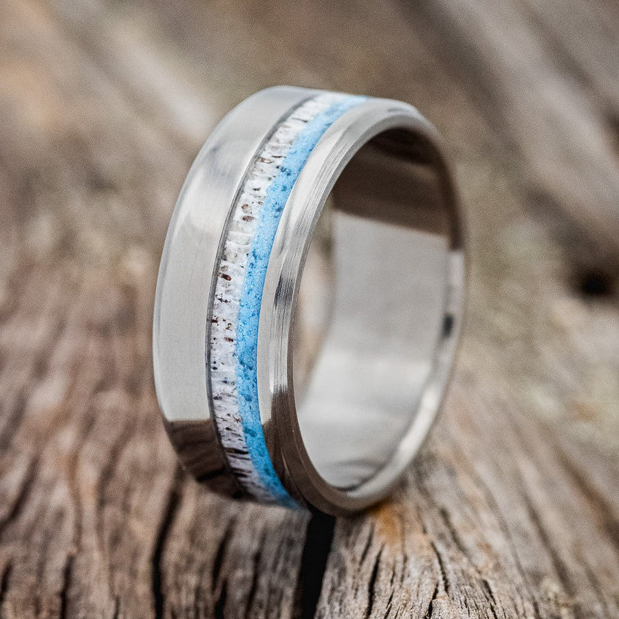 "CASTOR" - ELK ANTLER & TURQUOISE WEDDING BAND-1