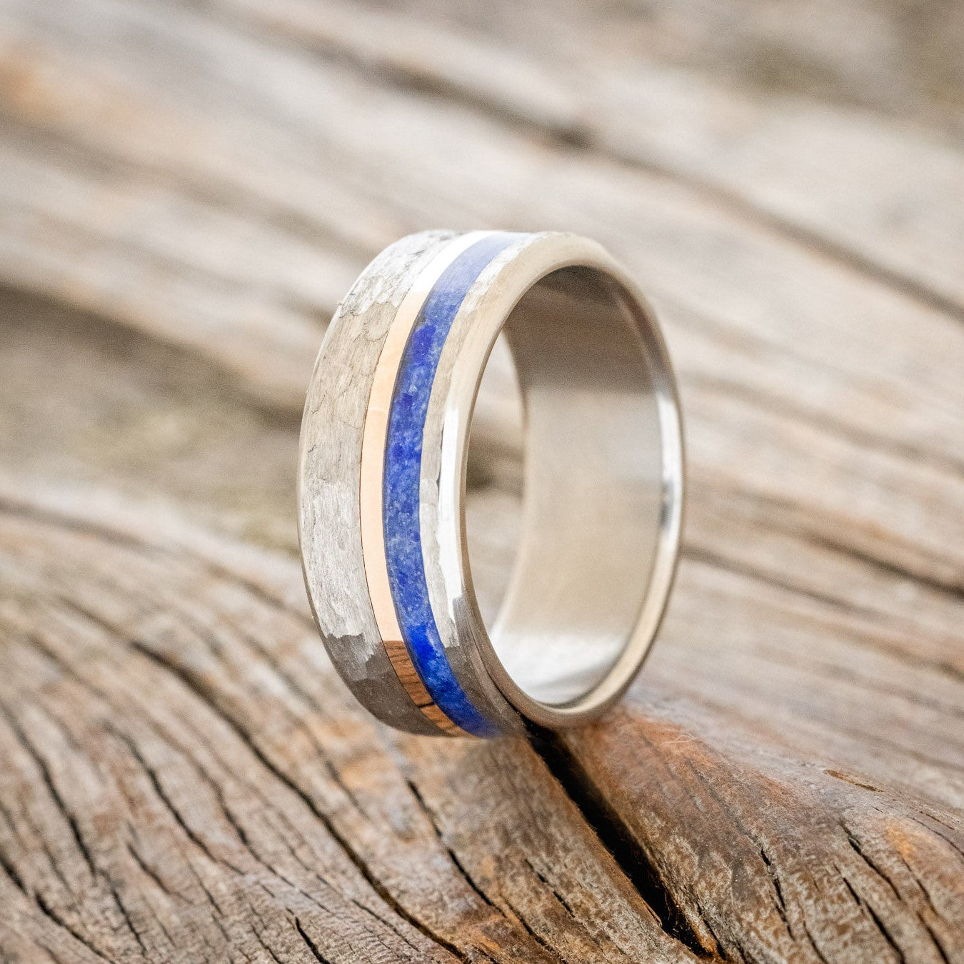 "CASTOR" - LAPIS LAZULI & A 14K GOLD INLAY WEDDING RING WITH A HAMMERED FINISH-1