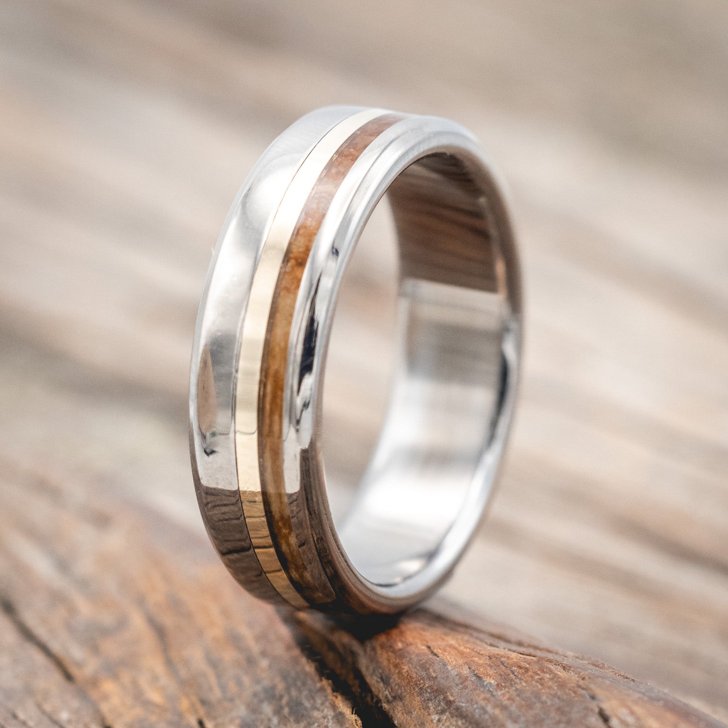 "CASTOR" - WHISKEY BARREL OAK & A 14K GOLD INLAY WEDDING RING-Staghead Designs