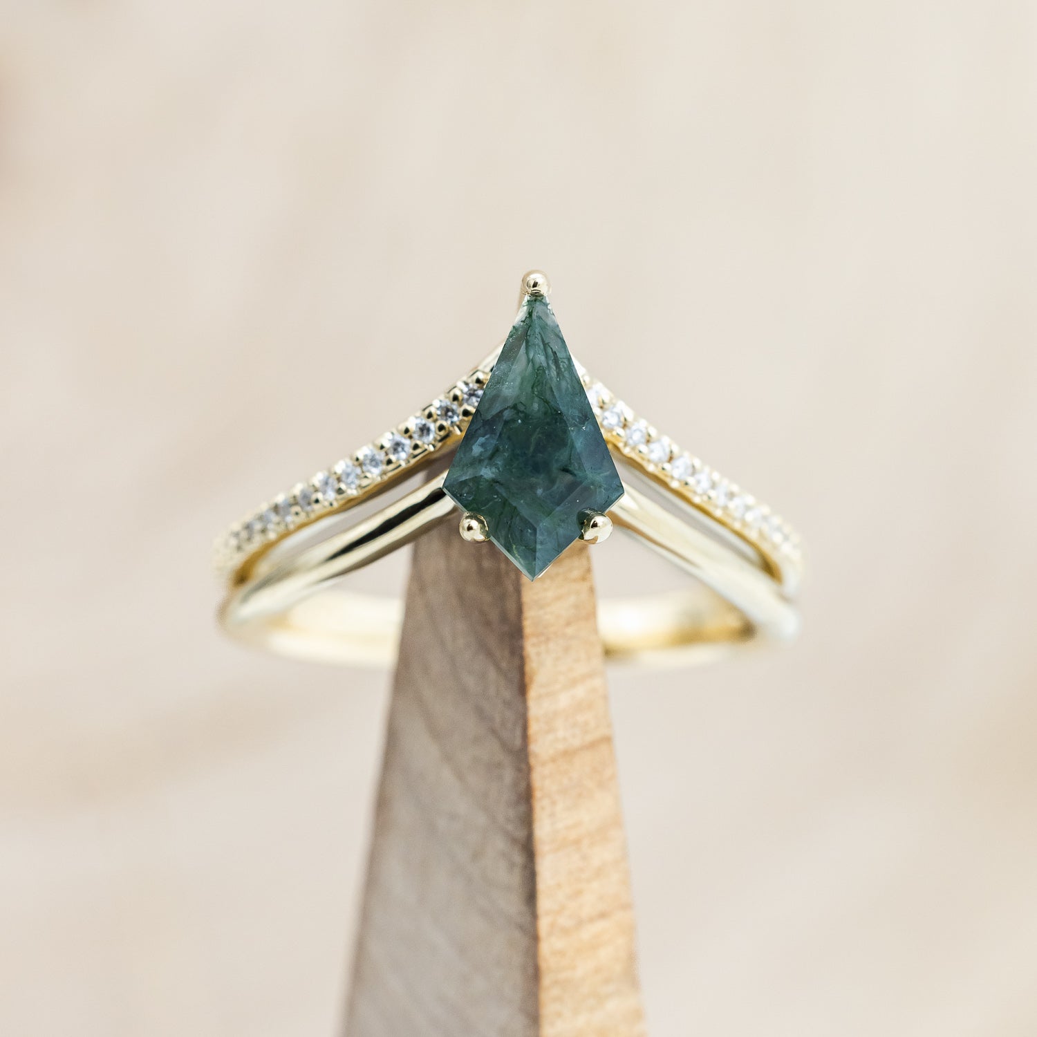 "CICELY" - KITE CUT MOSS AGATE ENGAGEMENT RING WITH DIAMOND ACCENTS-Staghead Designs