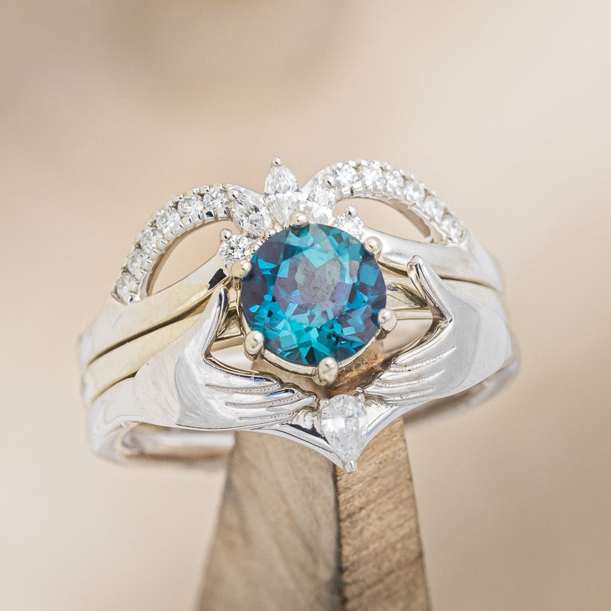 CLADDAGH BRIDAL SUITE - ROUND CUT LAB-GROWN ALEXANDRITE SOLITAIRE ENGAGEMENT RING WITH DIAMOND ACCENT TRACER & CLADDAGH TRACER-1