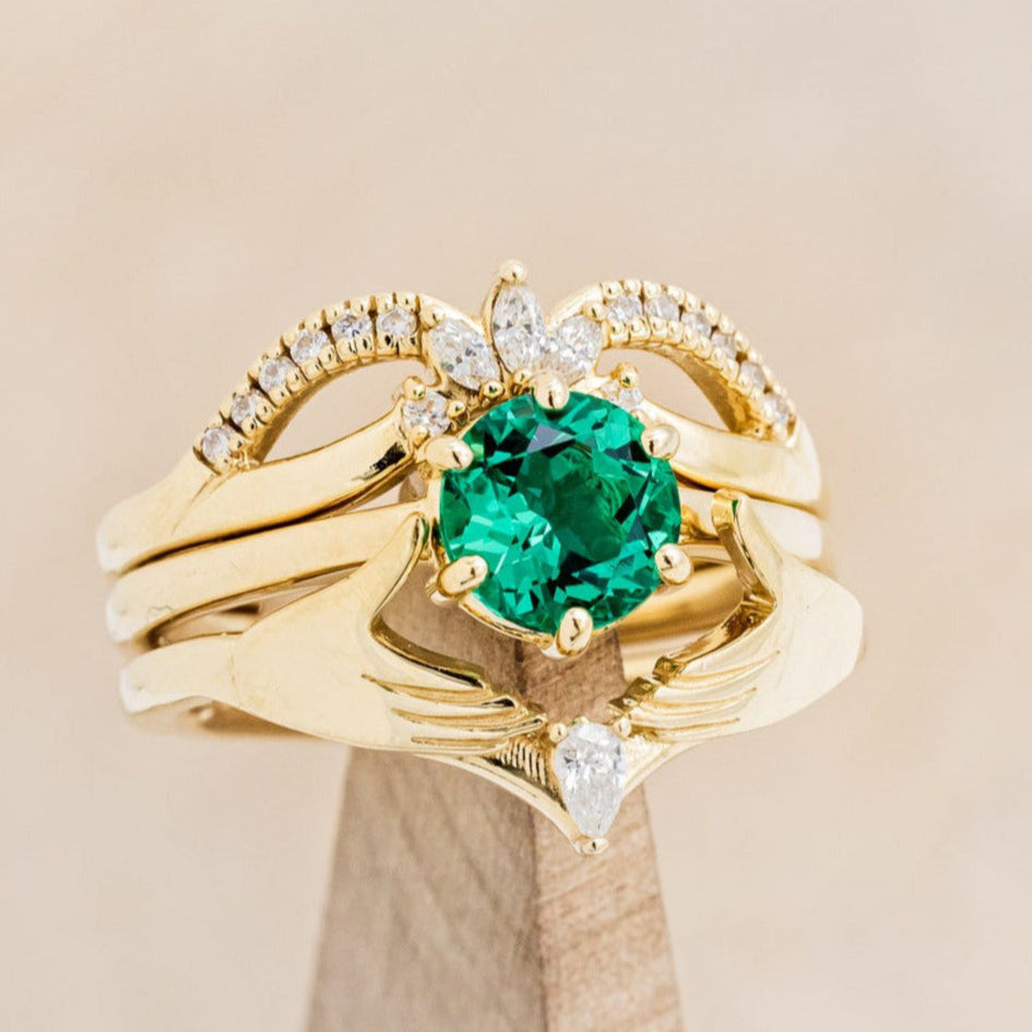 CLADDAGH BRIDAL SUITE - ROUND CUT LAB-GROWN EMERALD SOLITAIRE ENGAGEMENT RING WITH DIAMOND ACCENTS TRACER & CLADDAGH TRACER-1