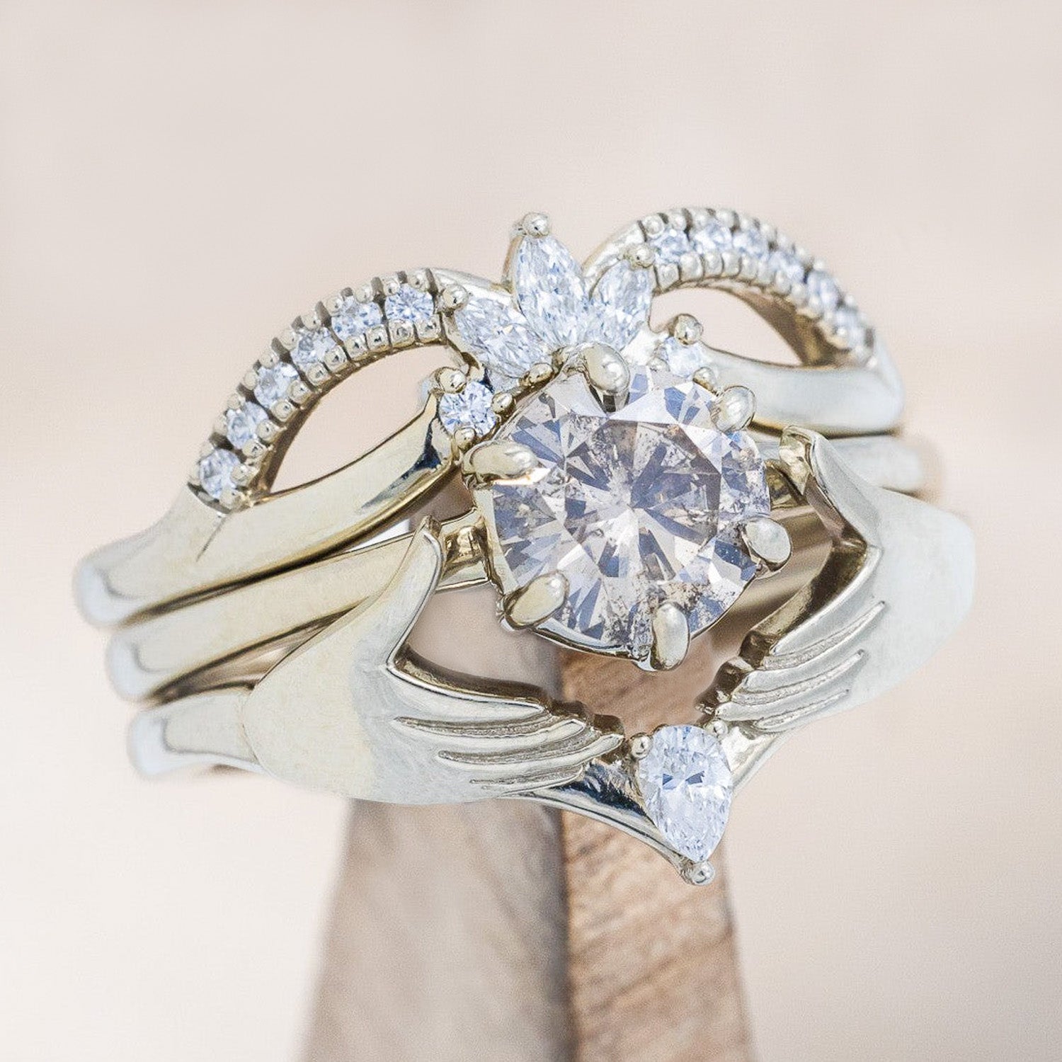 CLADDAGH BRIDAL SUITE - SOLITAIRE ENGAGEMENT RING WITH DIAMOND ACCENT TRACER & CLADDAGH TRACER - MOUNTING ONLY - SELECT YOUR OWN STONE-Staghead Designs