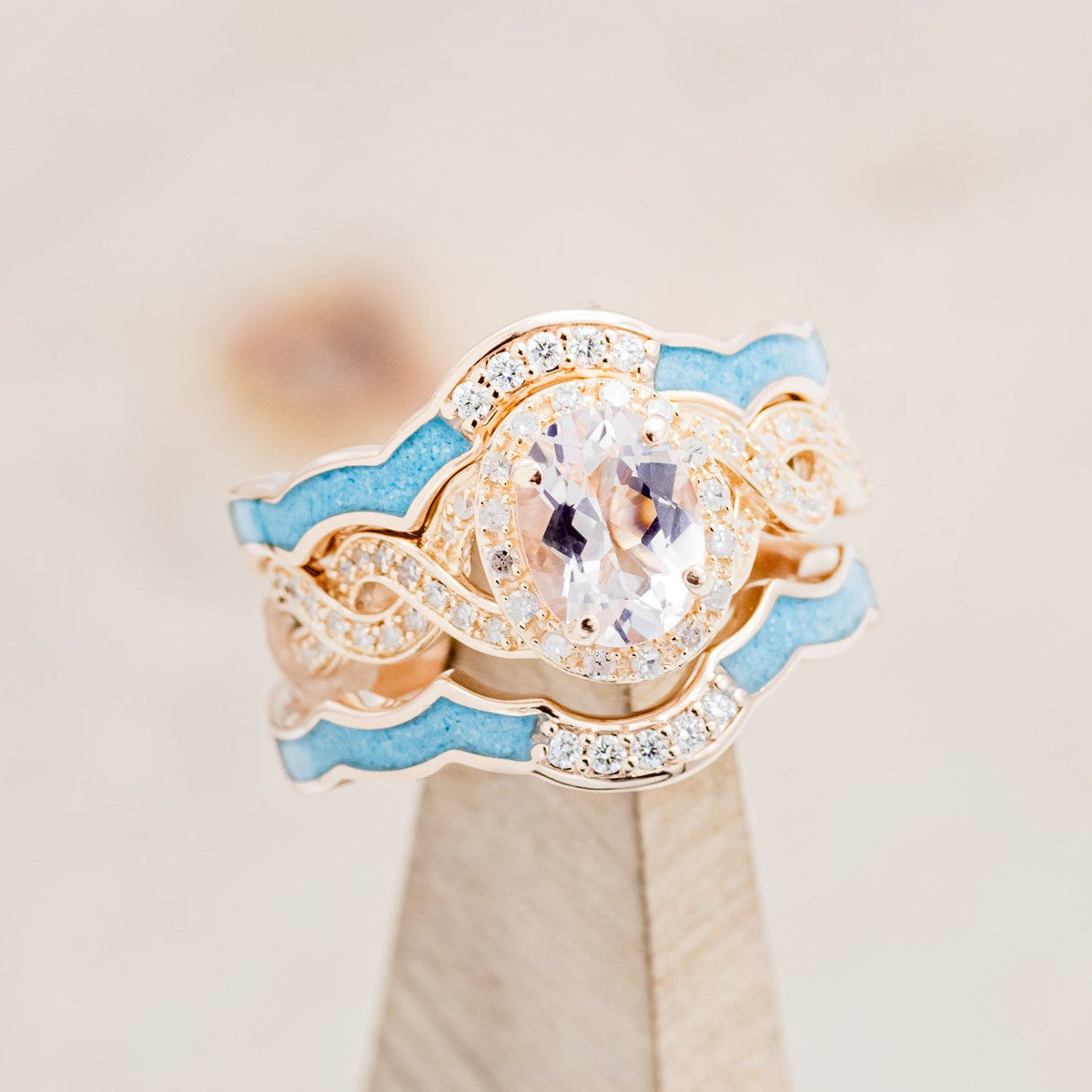 "CLAUDIA" - BRIDAL SUITE - OVAL MORGANITE ENGAGEMENT RING WITH DIAMOND ACCENTS & TRACERS-1