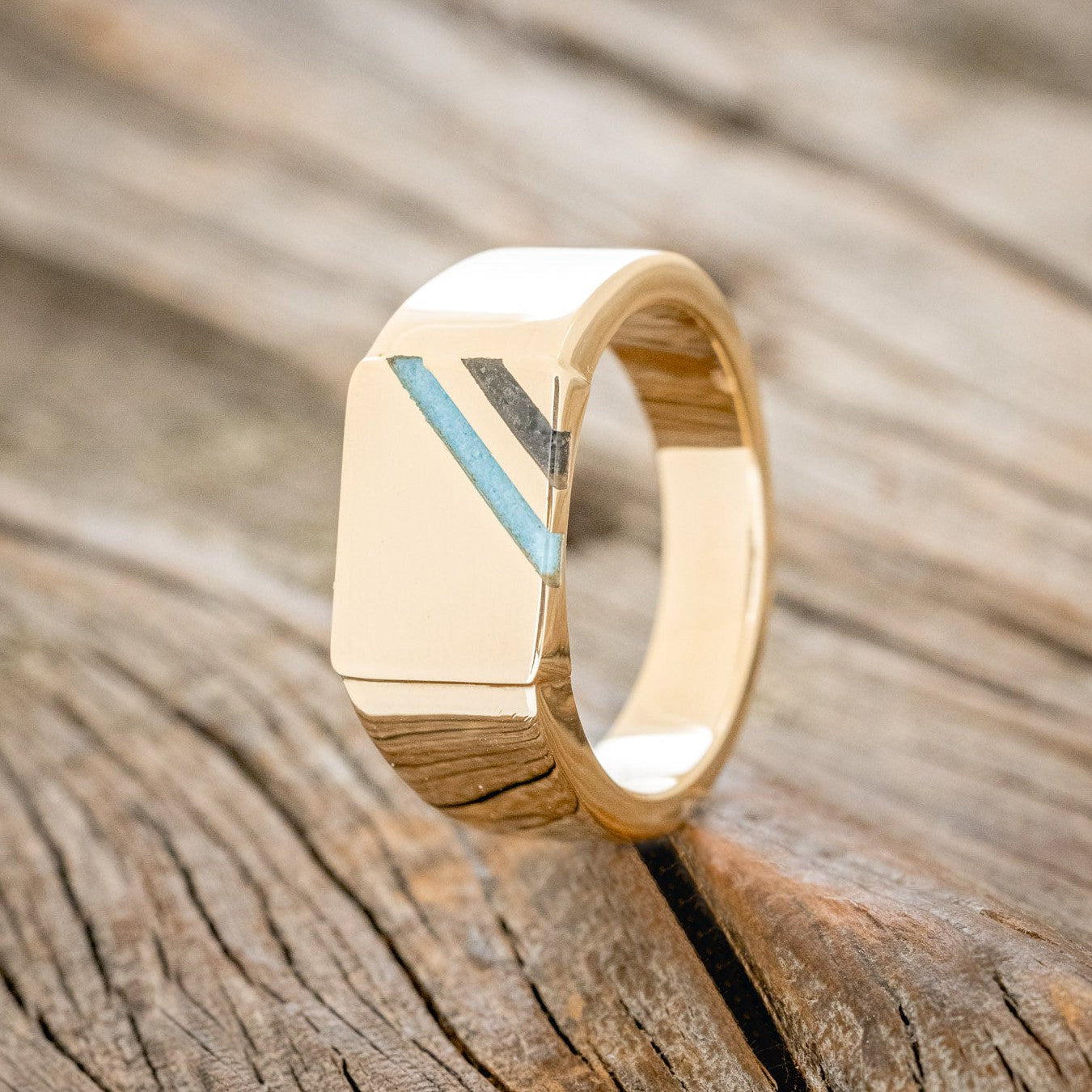 "COLTER" - FLAT TOP WEDDING RING FEATURING DIAGONAL ONYX & TURQUOISE INLAYS-1