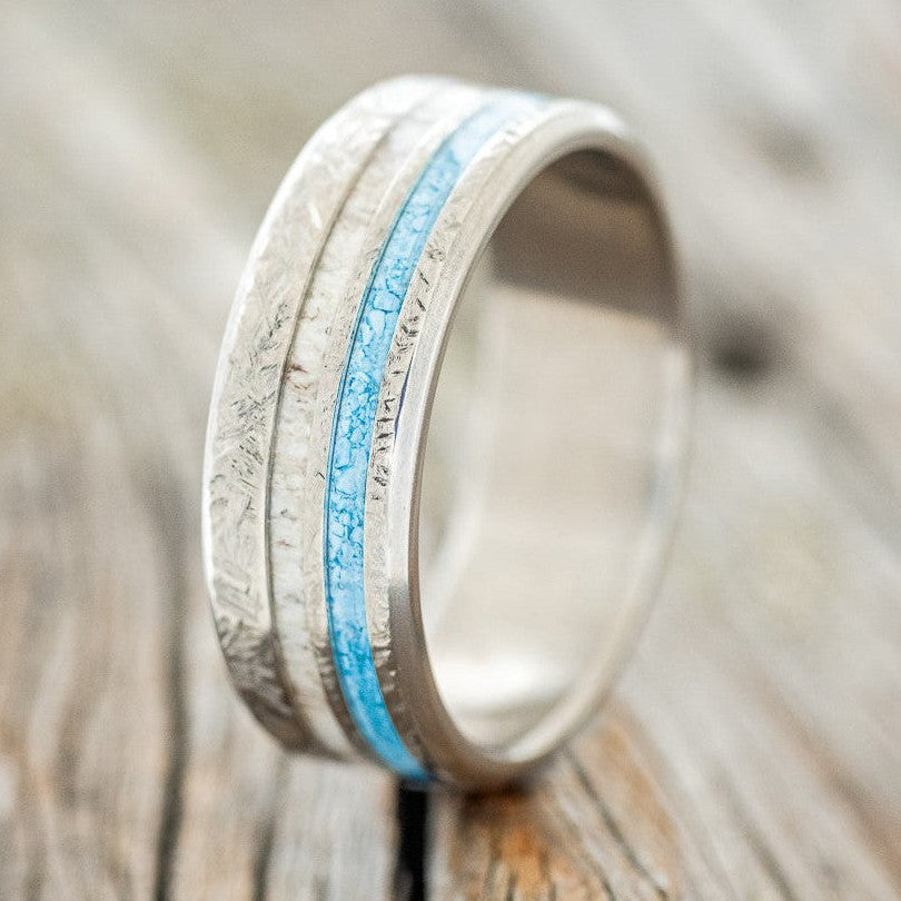 "COSMO" - ANTLER & TURQUOISE WEDDING BAND WITH A CROSSHATCH FINISH-1