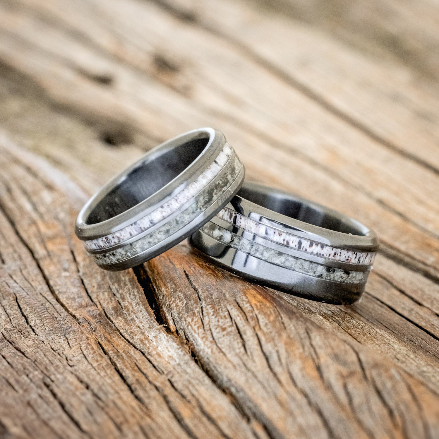 "COSMO" - MATCHING SET OF MOONSTONE & ANTLER WEDDING RINGS-1